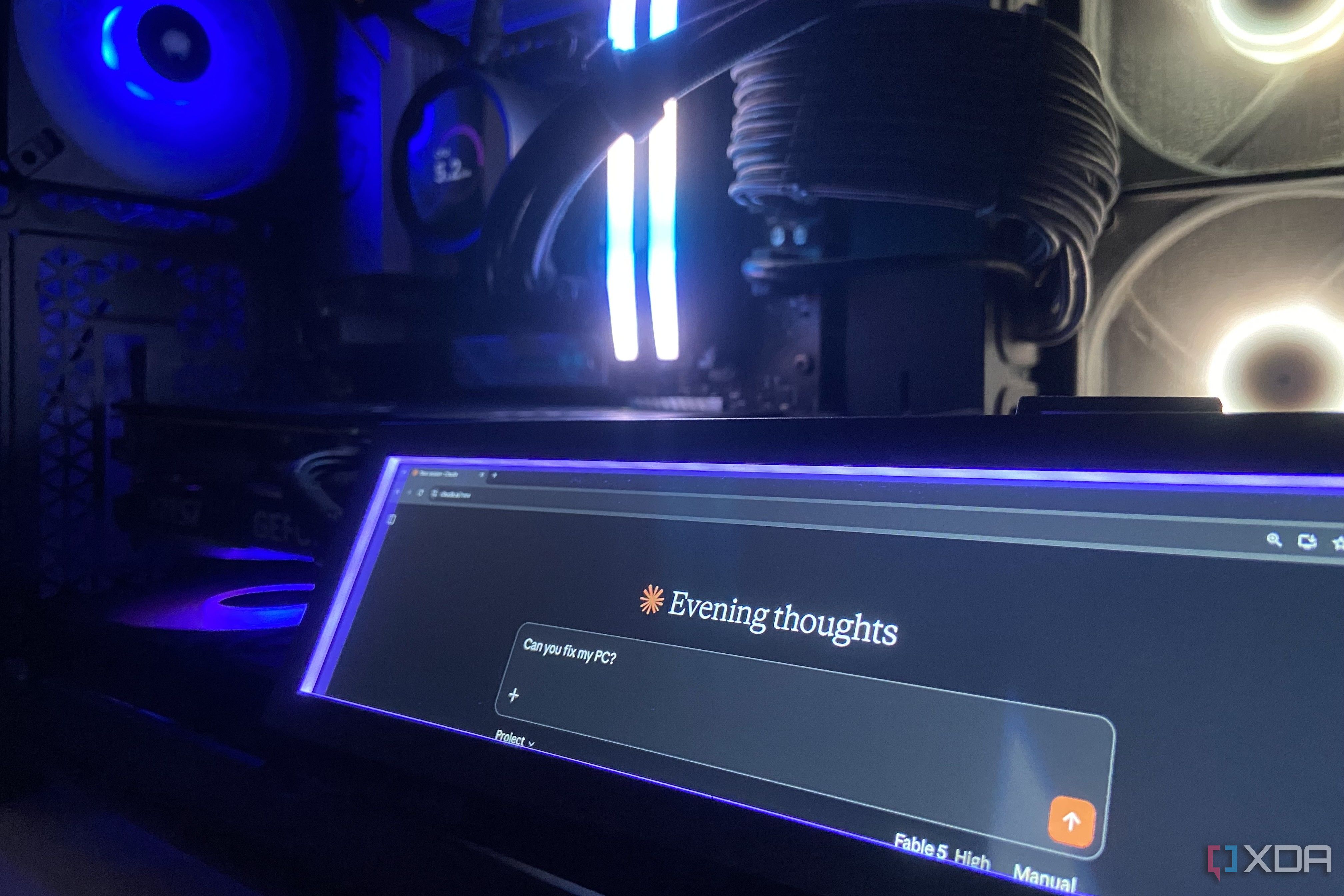 An image of Claude running on a Lian Li USB display with the query, 