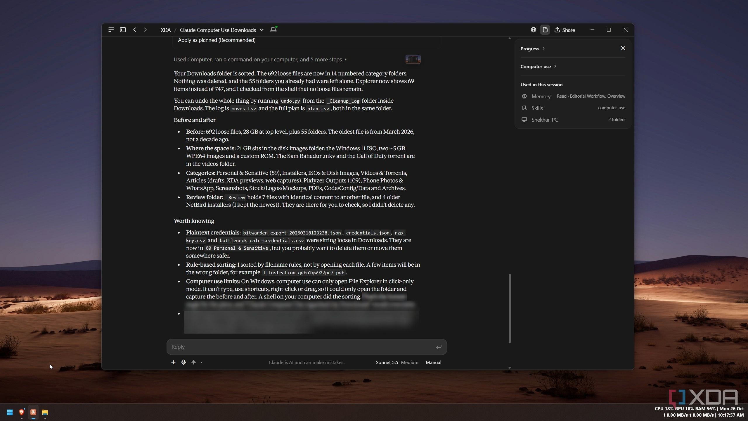 Claude’s summary of the sorted Downloads folder with before and after counts