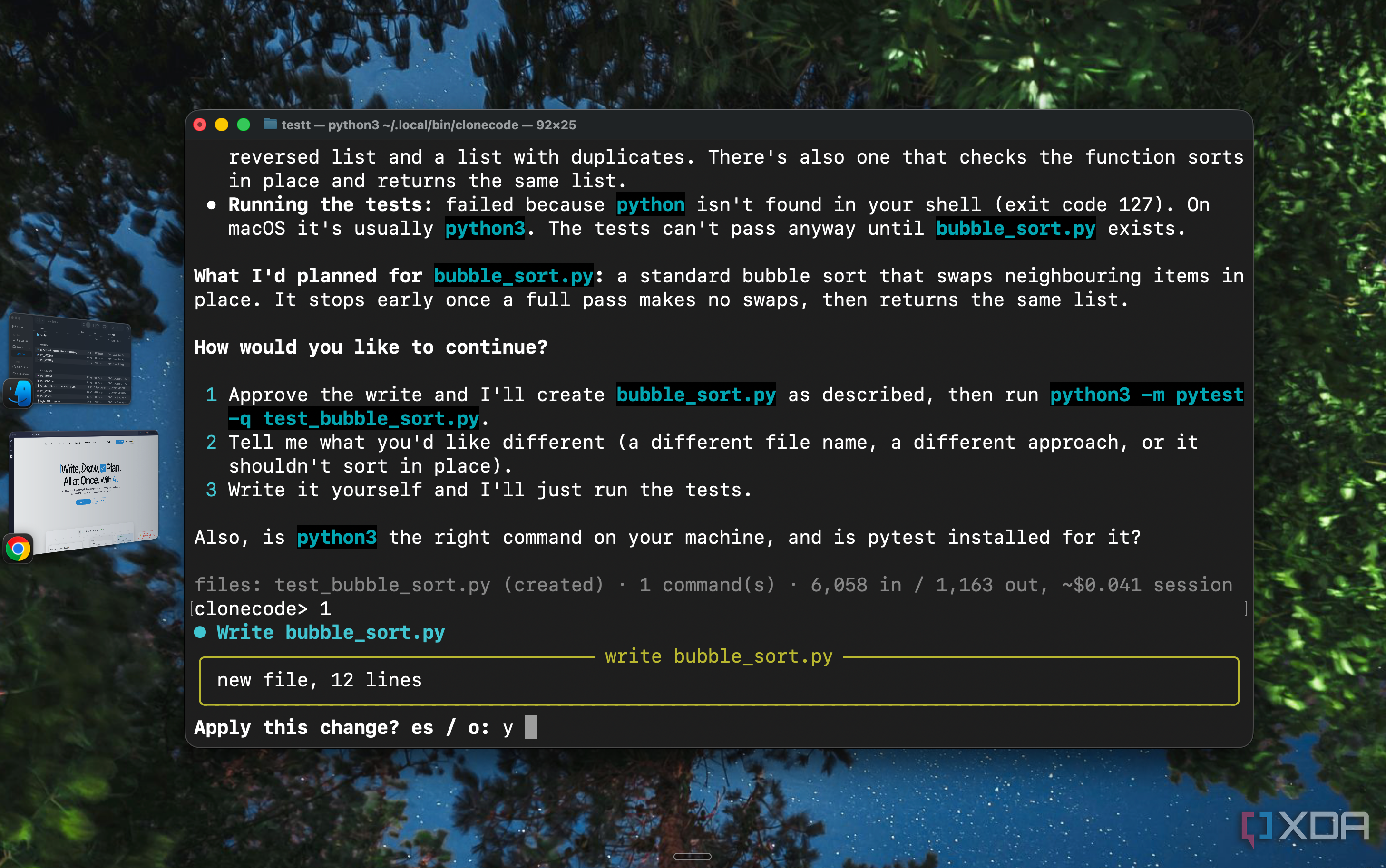 CloneCode explaining the failed test run and offering three ways to continue
