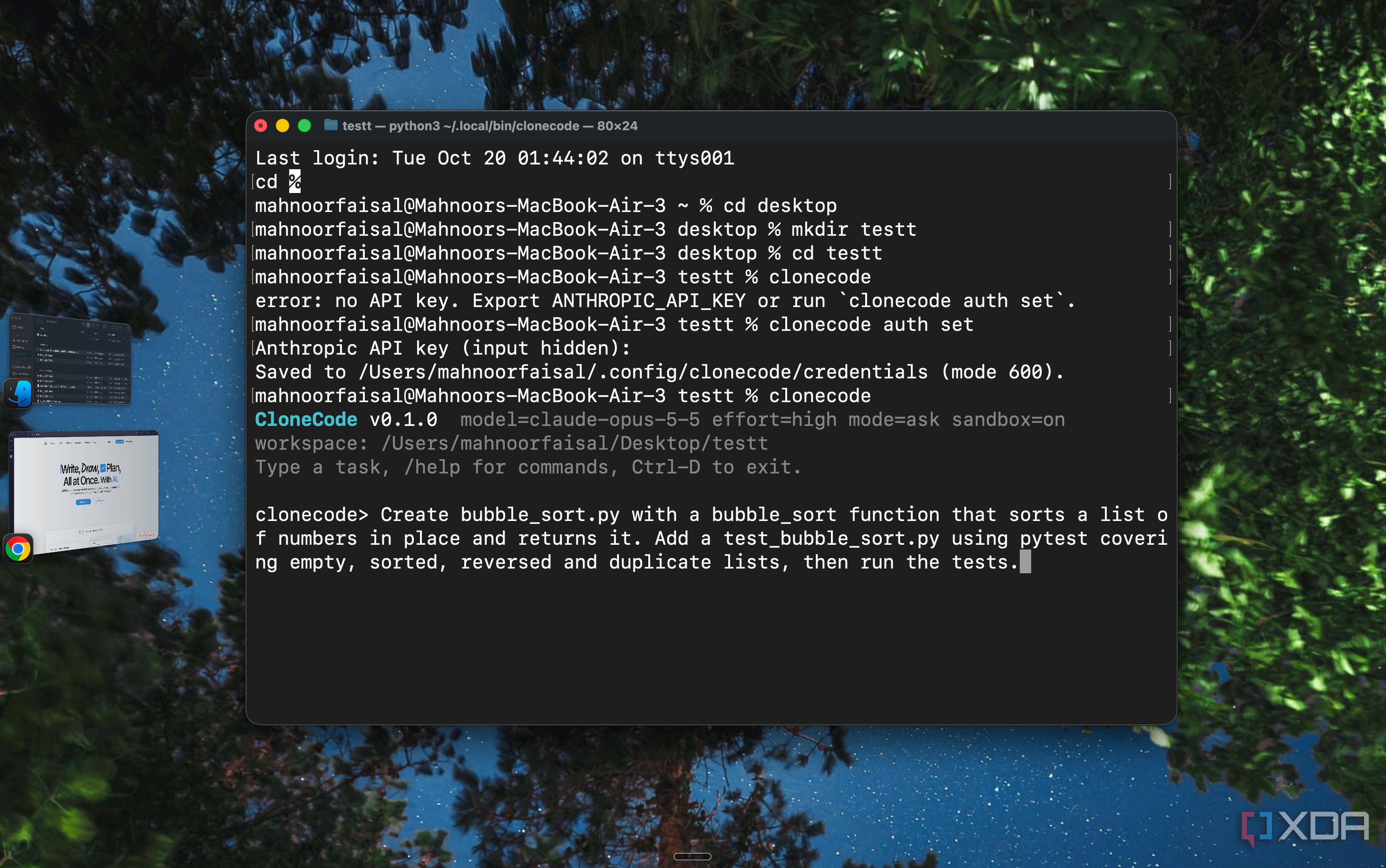 CloneCode prompt asking for a bubble sort script with pytest tests