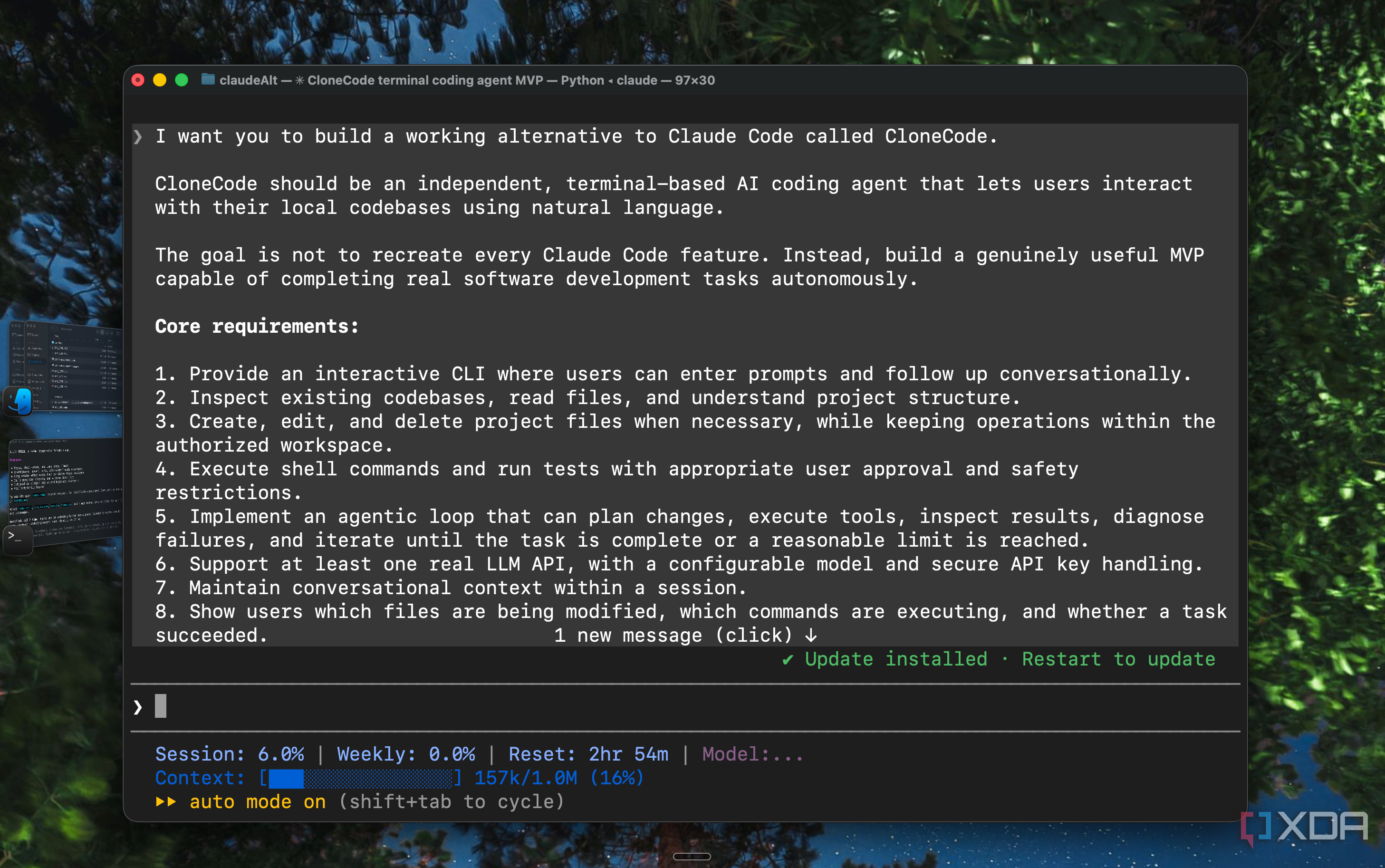 CloneCode prompt listing eight core requirements for a terminal coding agent