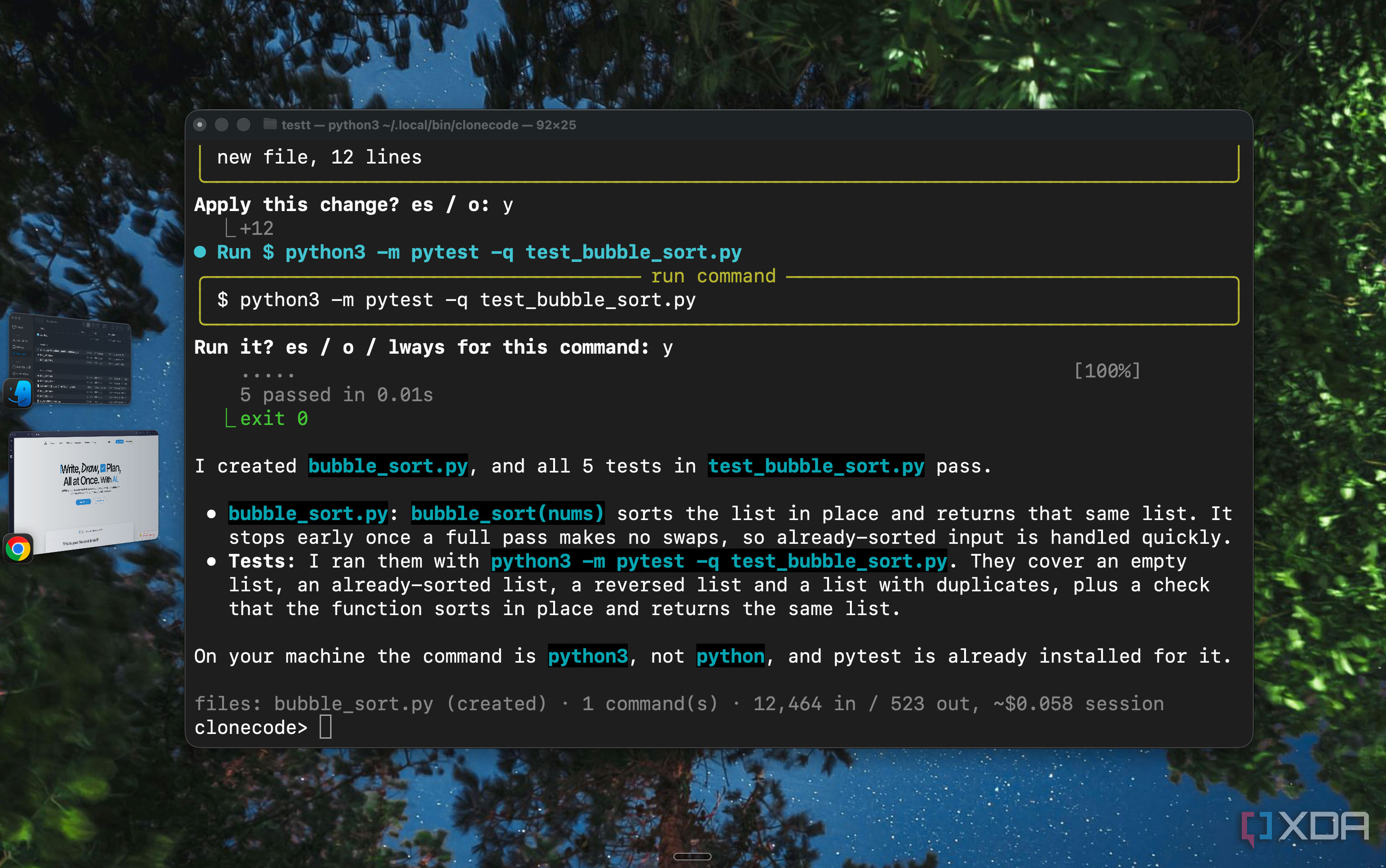 CloneCode reporting all five bubble sort tests passed with python3 and pytest