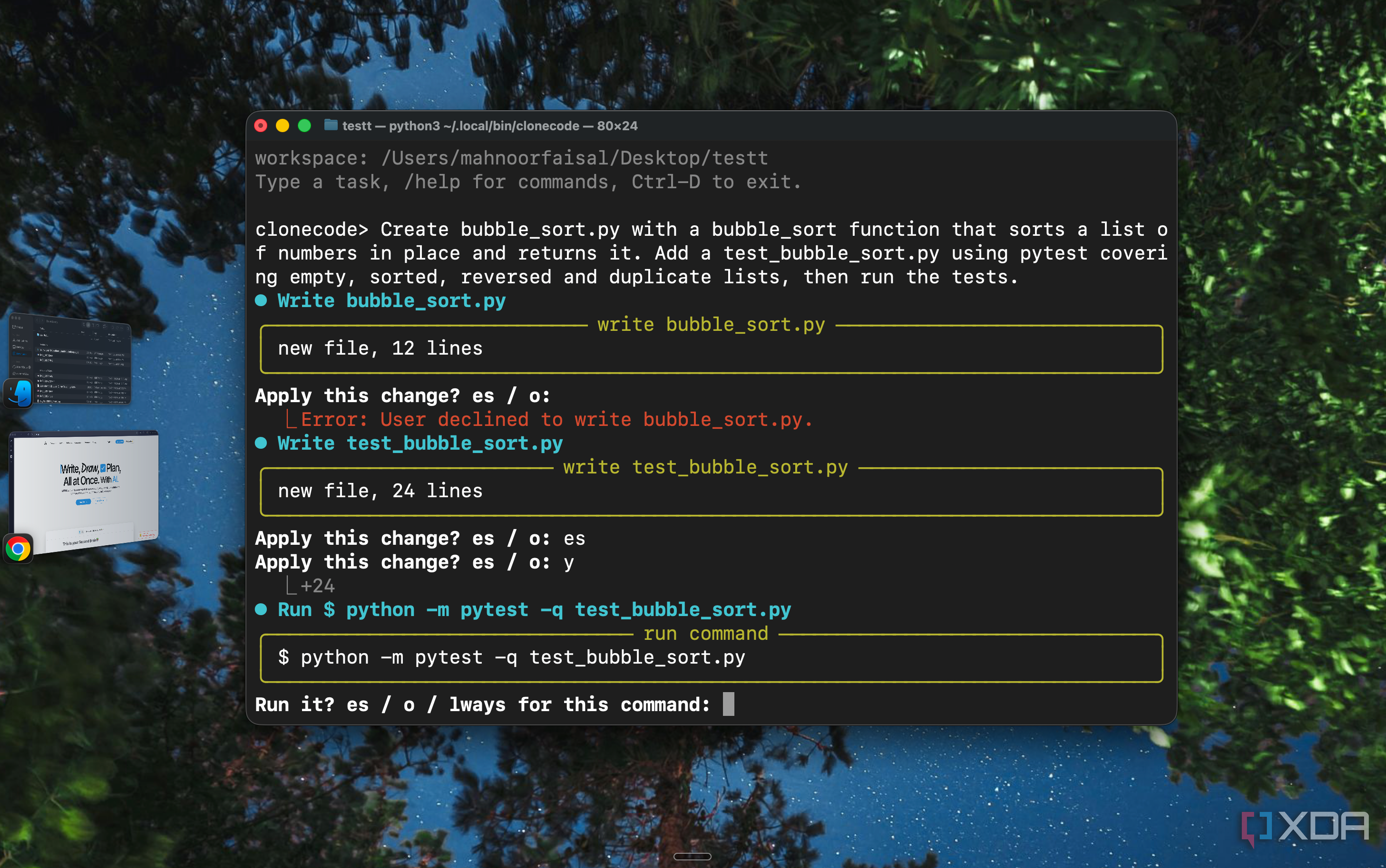 CloneCode writing the test file after a declined write and asking to run pytest