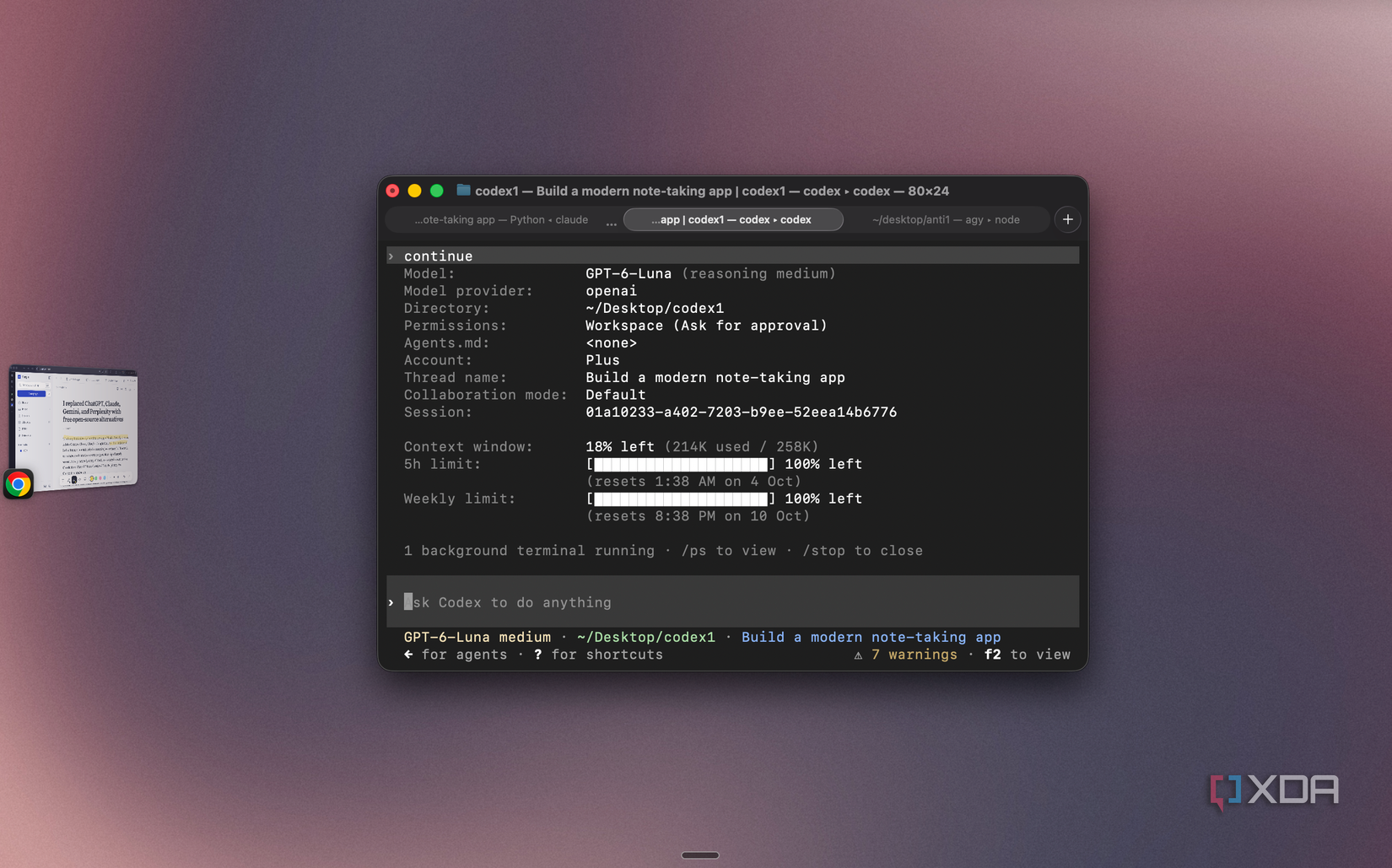 Codex status screen showing GPT-6-Luna model details for building a note-taking app