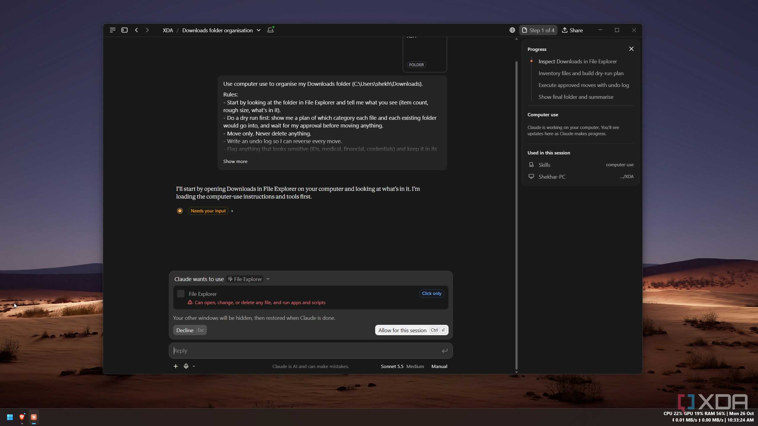 Claude’s permission prompt for File Explorer marked click only, beside the cleanup prompt