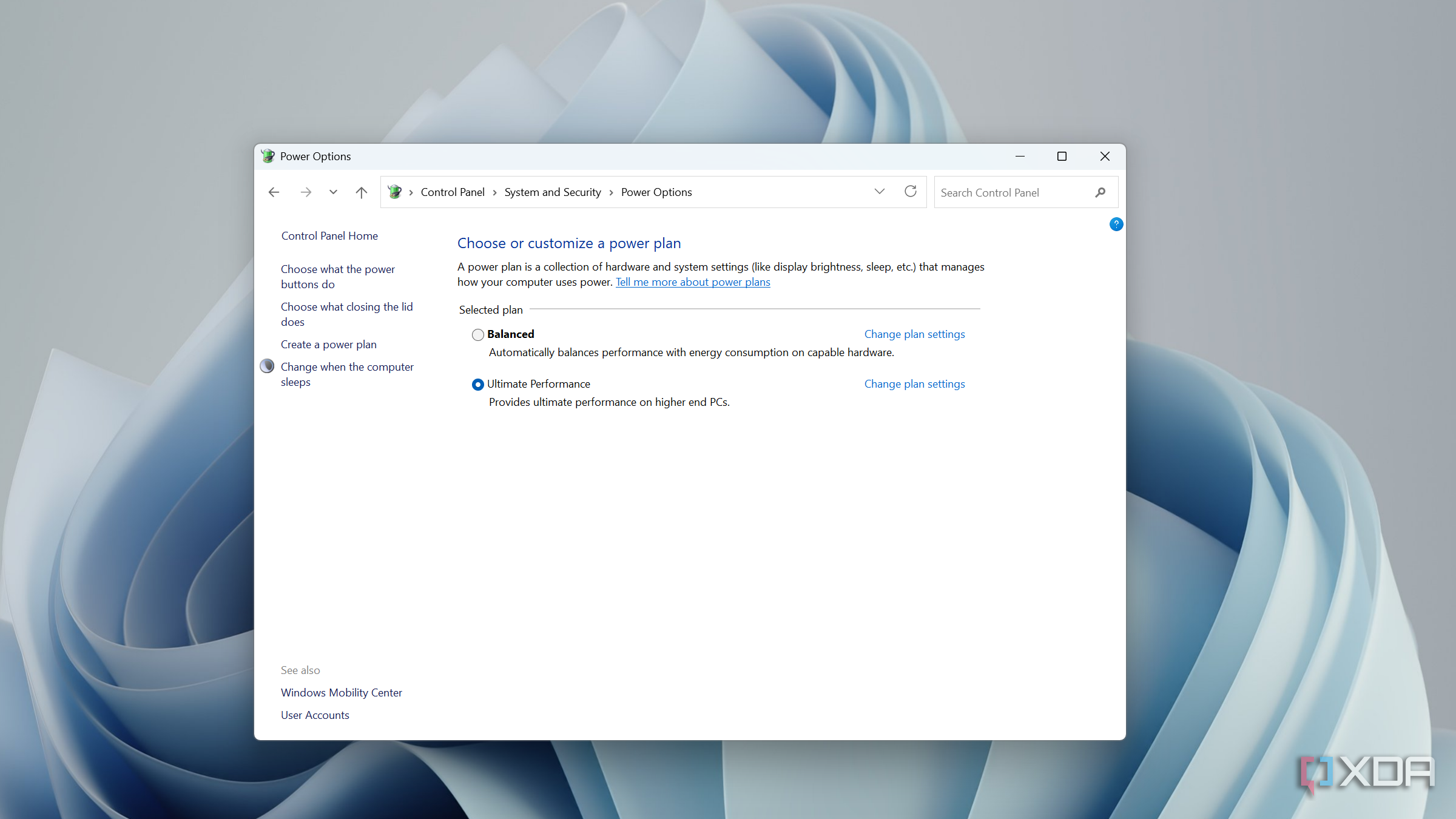ultimate performance power plan in control panel on Windows 11