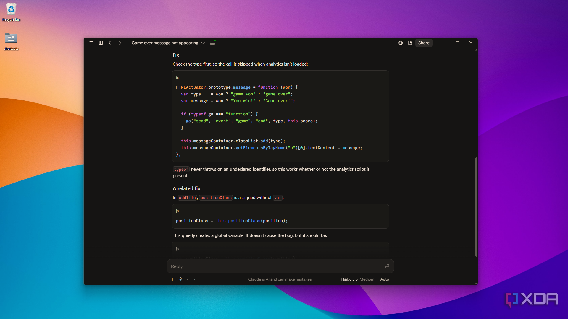 correcting typeof fix snippet in Claude Desktop