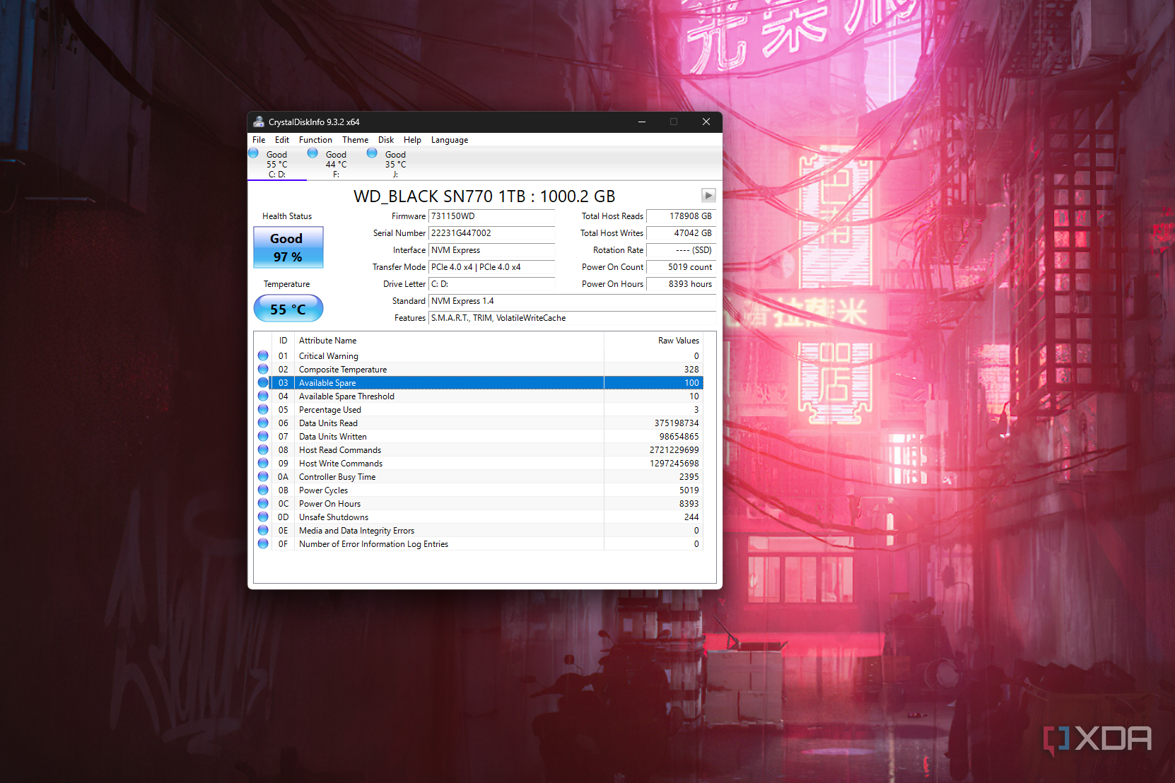 Screenshot of CrystalDiskInfo showing the Available Spare attribute