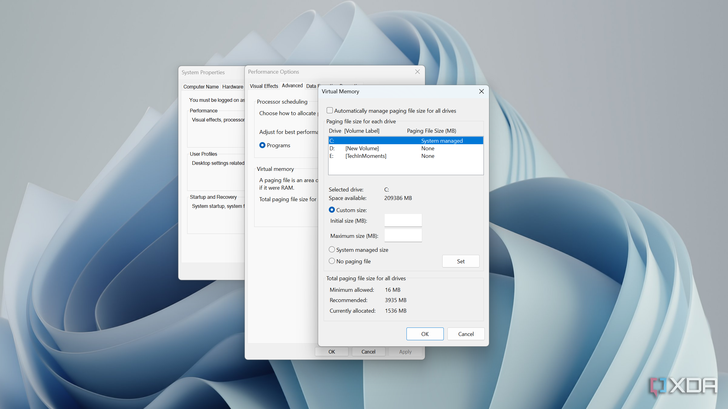 choosing custom size for page file on Windows 11