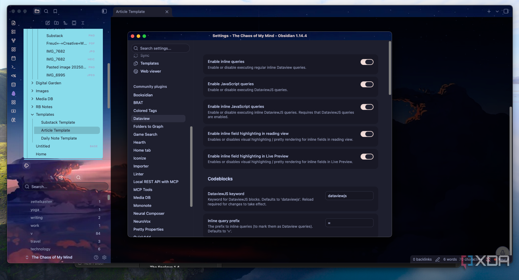 The Dataview settings page