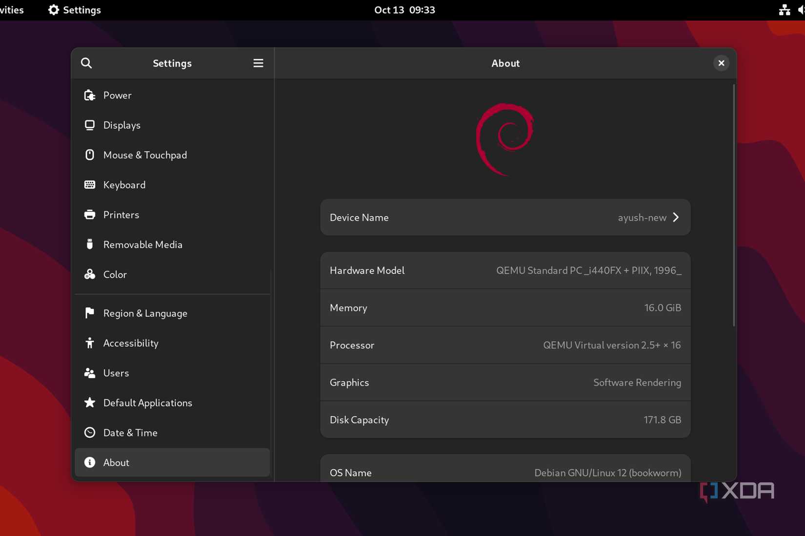 Accessing the Settings page in Debian