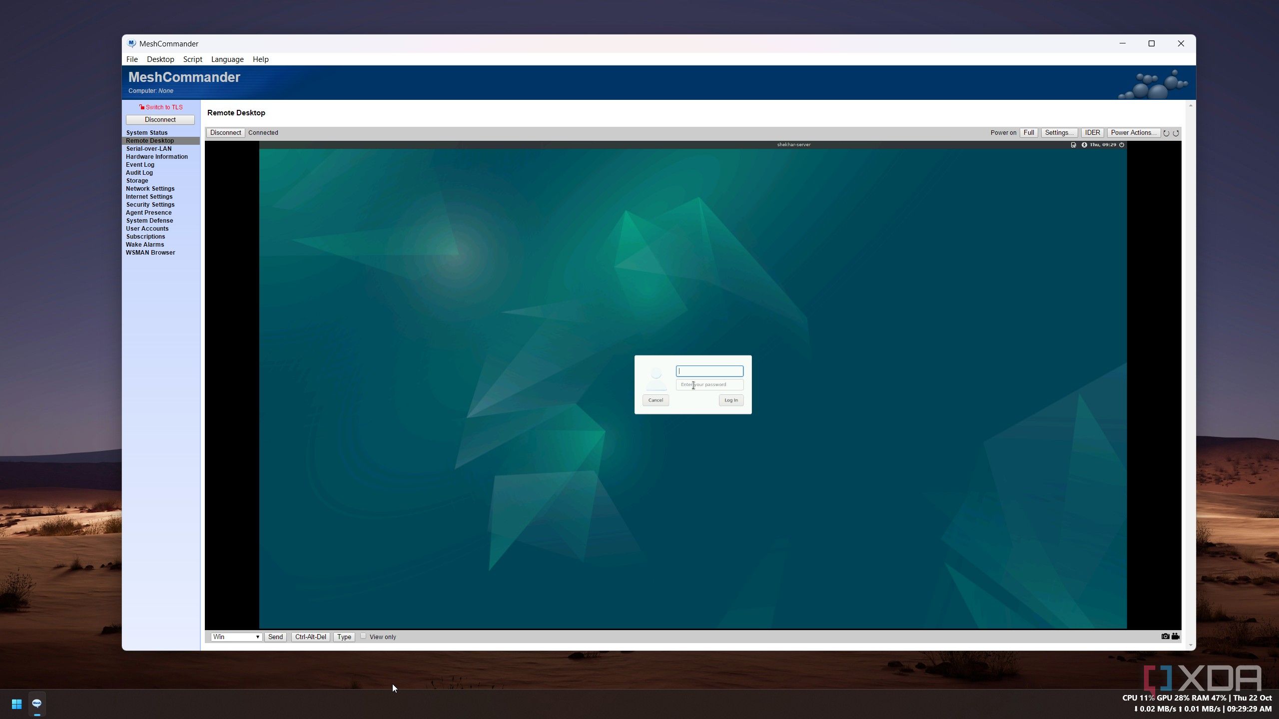 Debian login screen of the home server shown in the MeshCommander remote desktop after the reboot