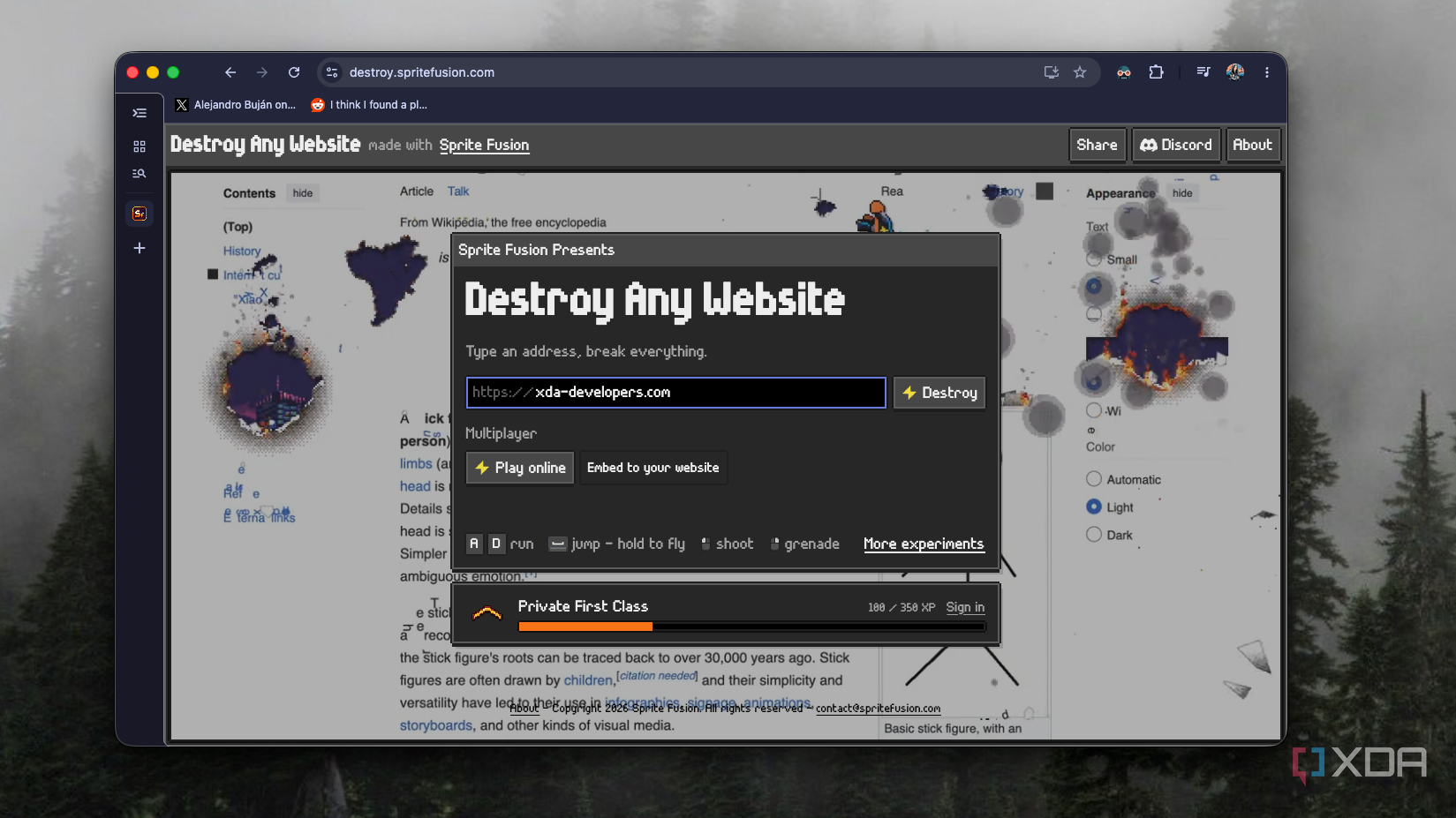 Destroy Any Website menu with xda-developers.com typed in over a scorched Wikipedia page