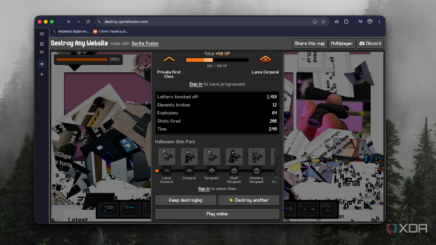Destroy Any Website results screen showing 1,418 letters knocked off and XP progress