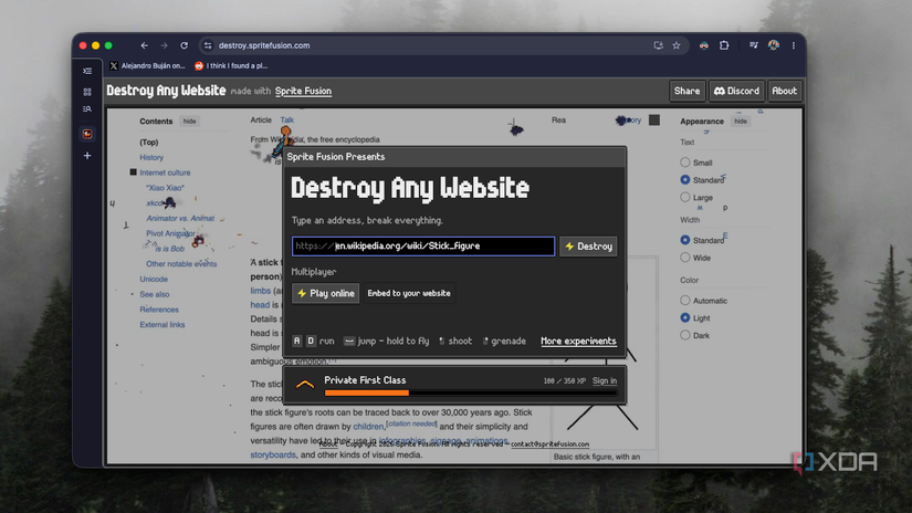 Destroy Any Website start menu with a Wikipedia stick figure URL ready to destroy
