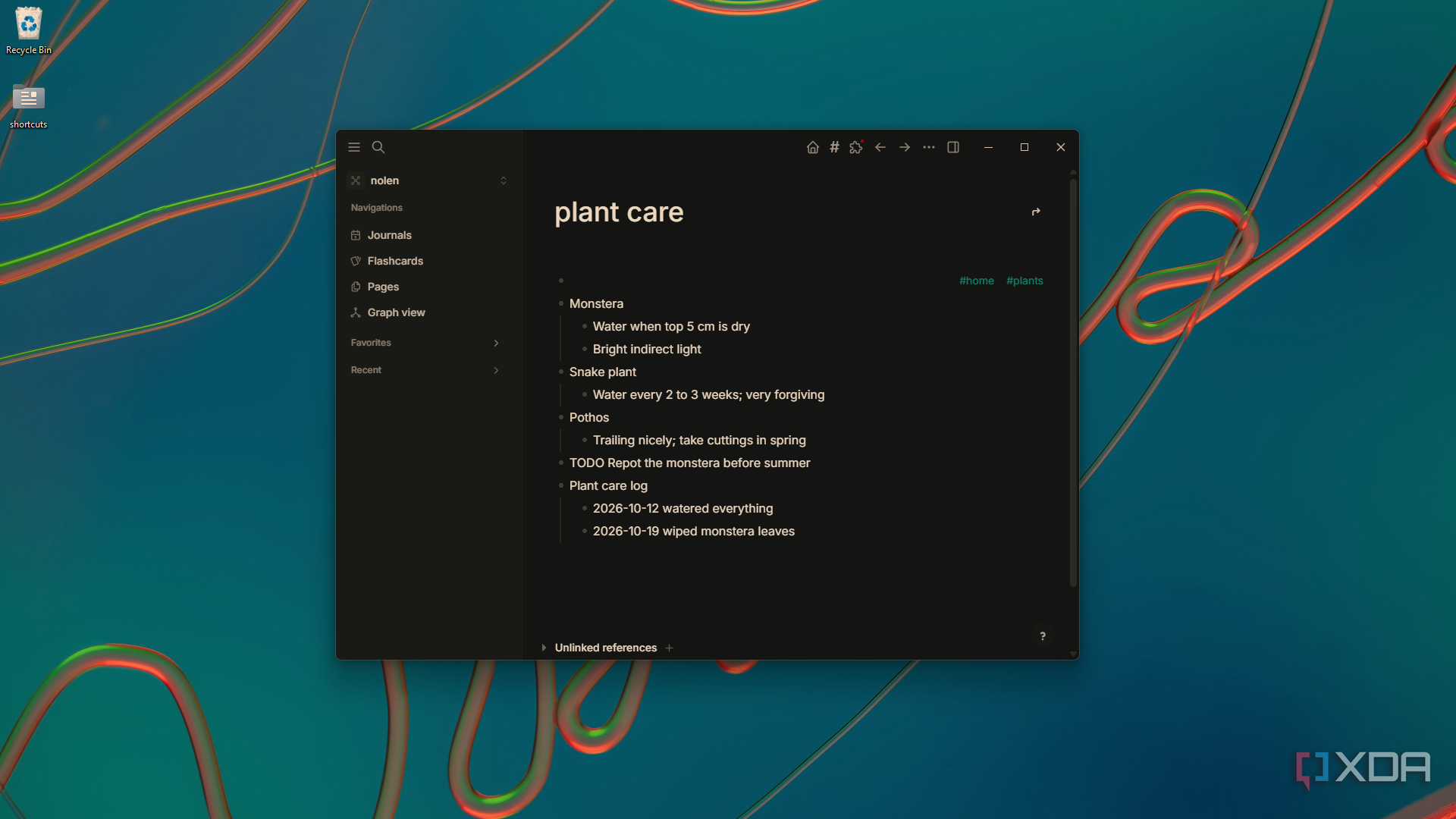 detailed plant care page in Logseq