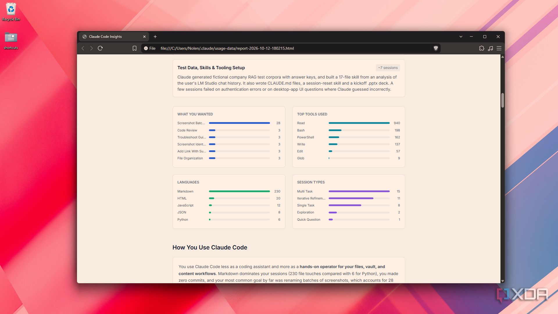 detailed tools and languages in Claude Code Insights report