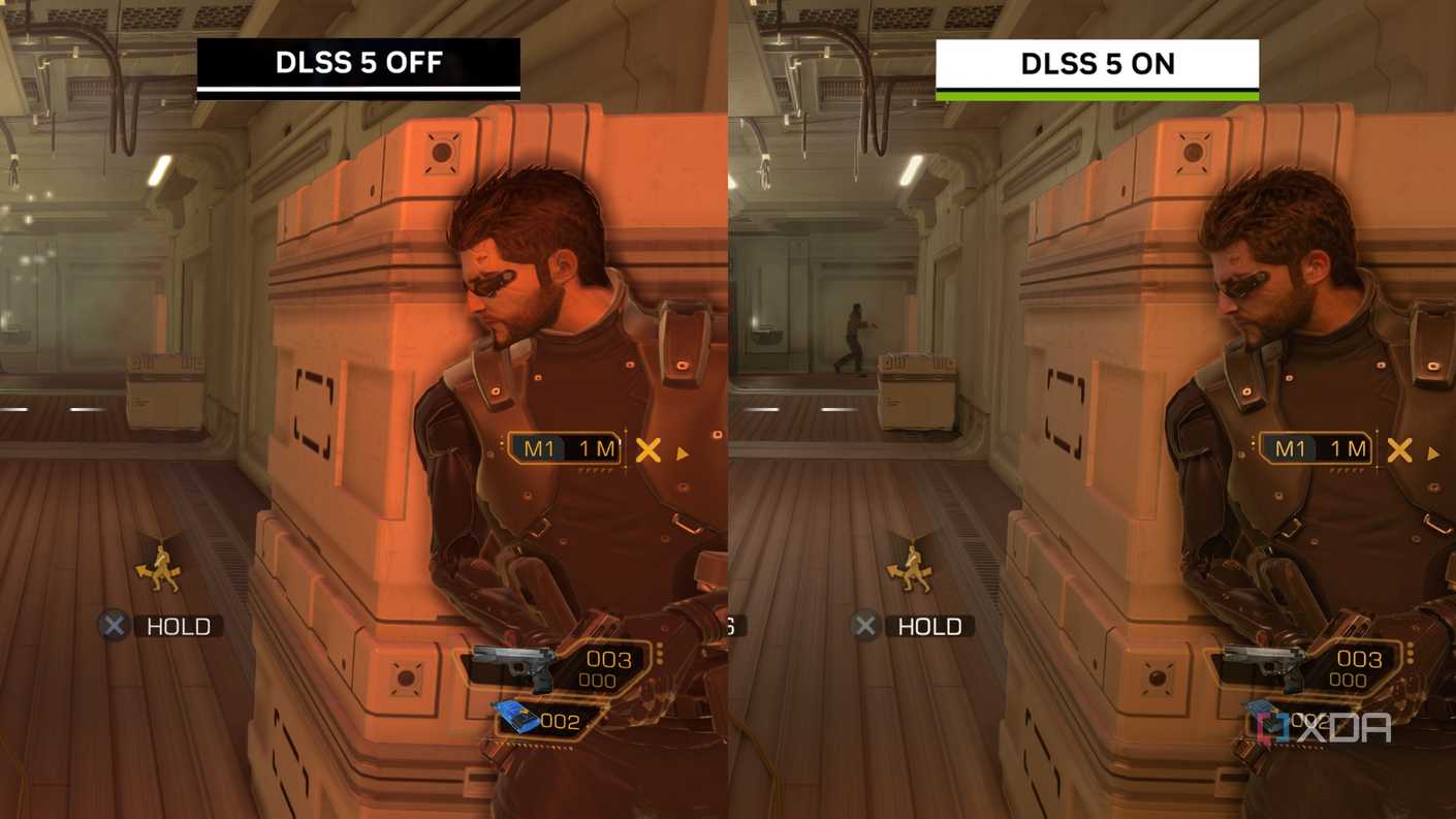 Адам Дженсен в игре с DLSS 5 Адам Дженсен в Deus Ex: Human Revolution с включенной технологией DLSS 5