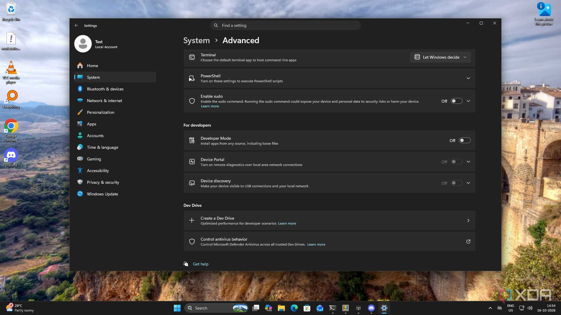 Windows advanced settings showing Developer Mode still switched off after the configuration run