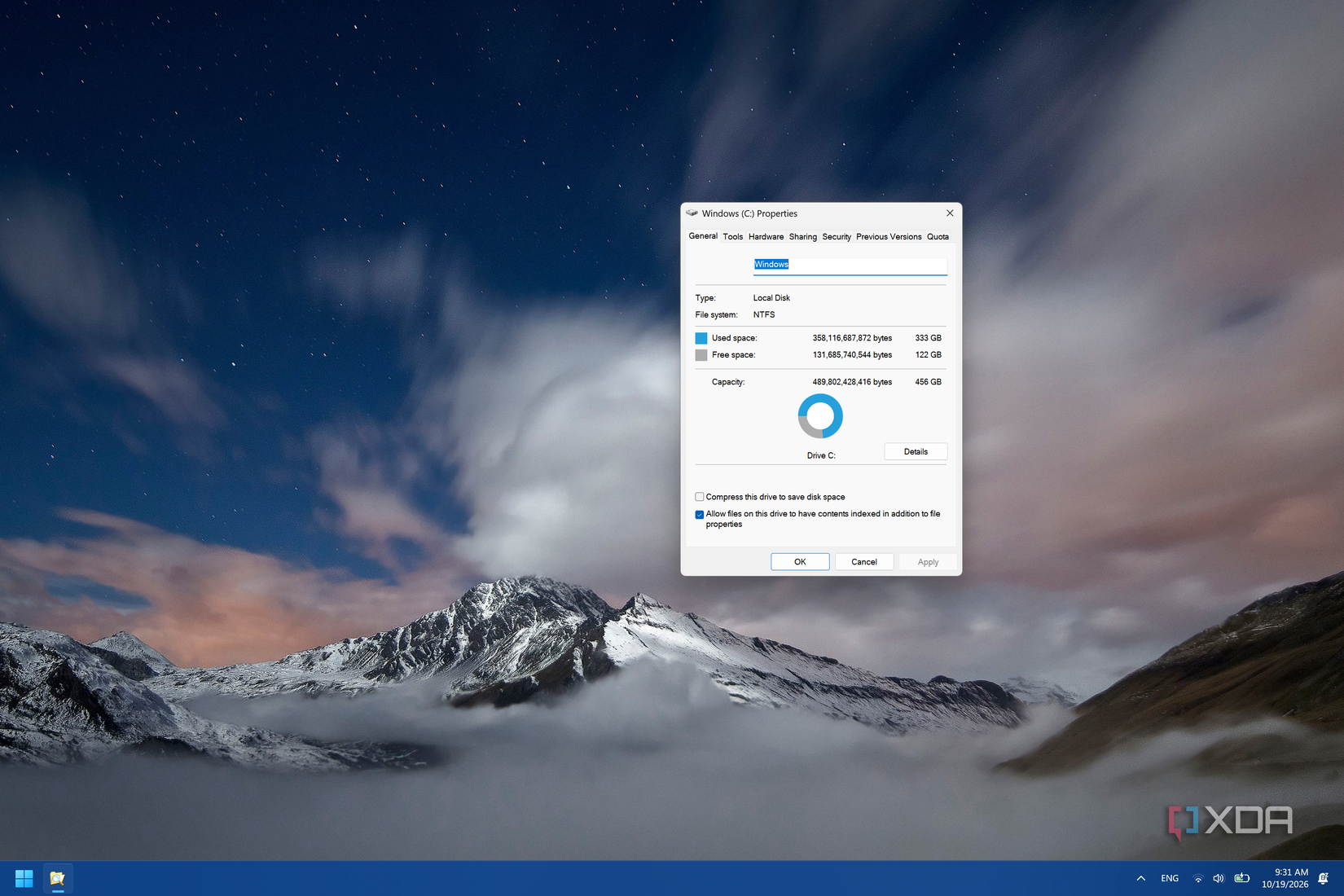 Screenshot of Drive properties in Windows 11 showing used space before compression