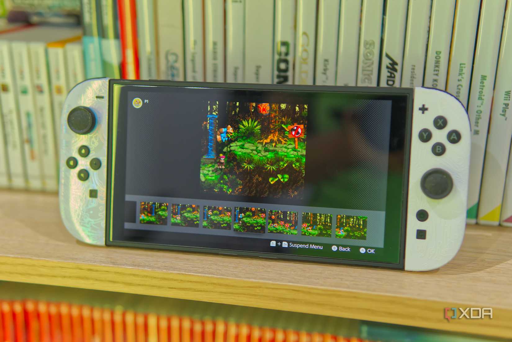 A Nintendo Switch 2 running Donkey Kong Country 3 in an emulator using the built-in rewind feature