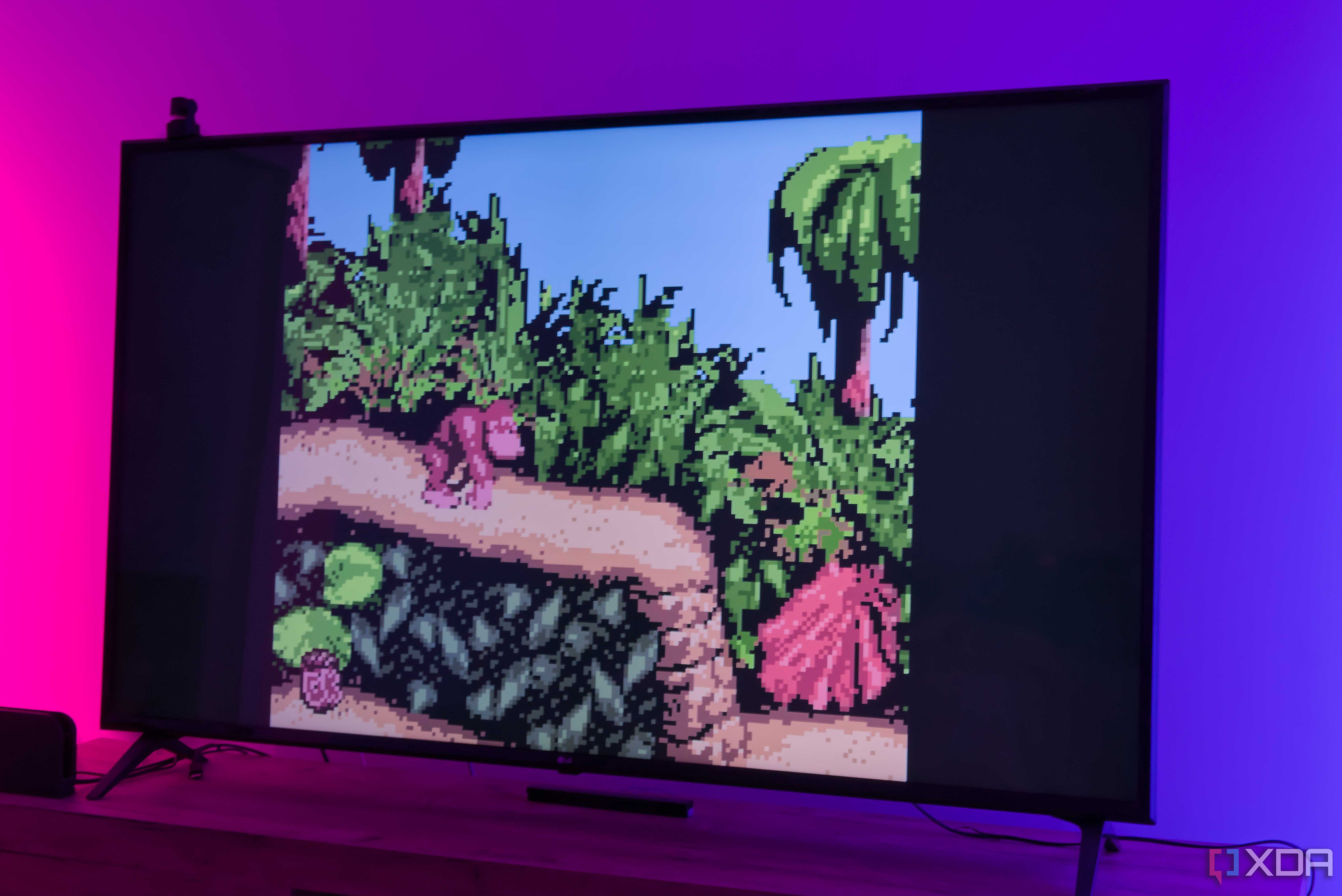 A TV displaying a level in Donkey Kong Country for the Game Boy Color running on RetroArch