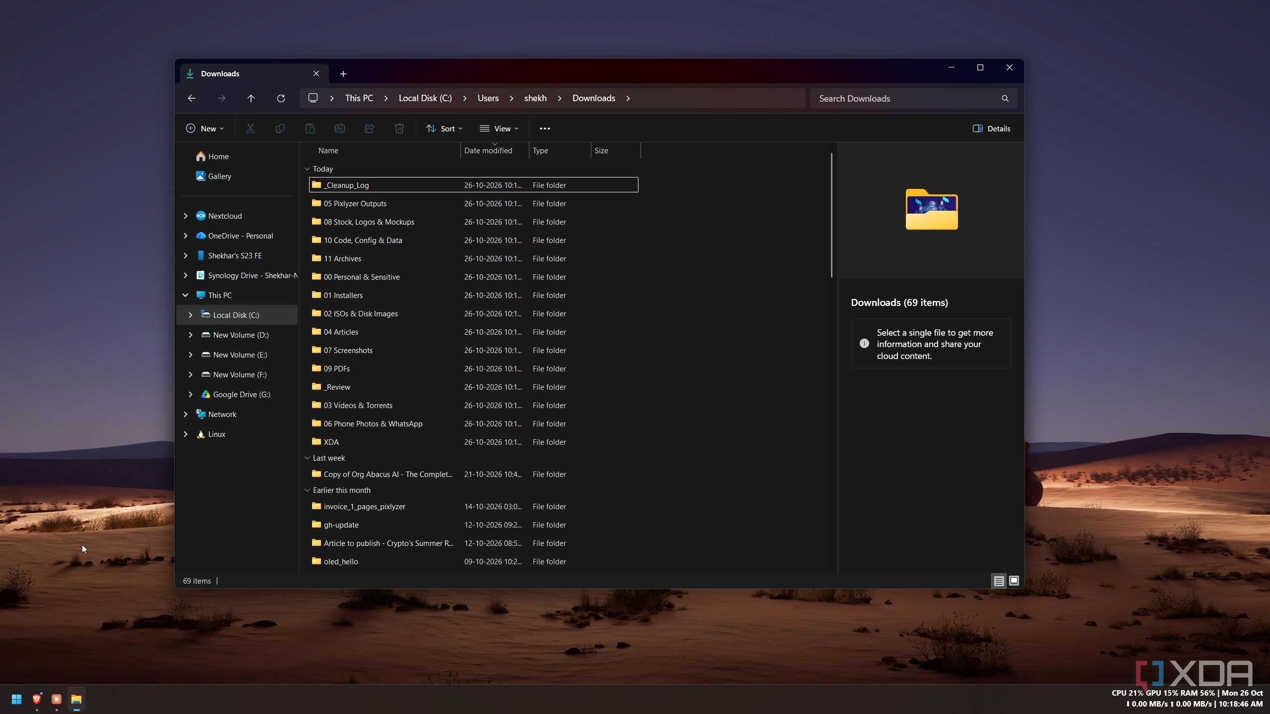 Windows File Explorer showing the new category folders next to the original folders, which were left untouched