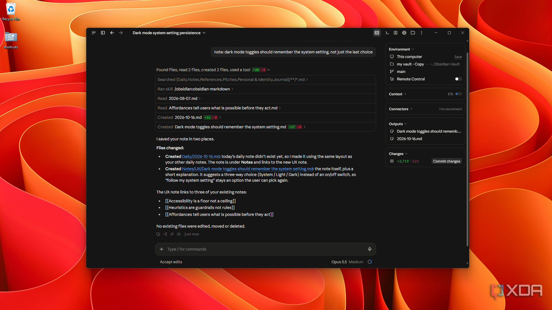 dropped note into daily and UX folder in Claude Code