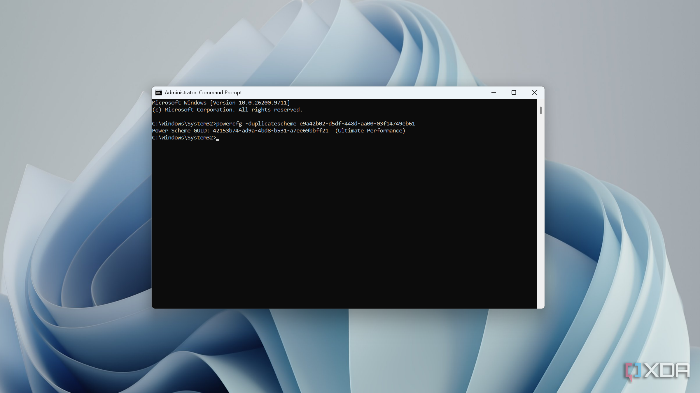 running command to view GUID for ultimate performance power plan on Windows 11