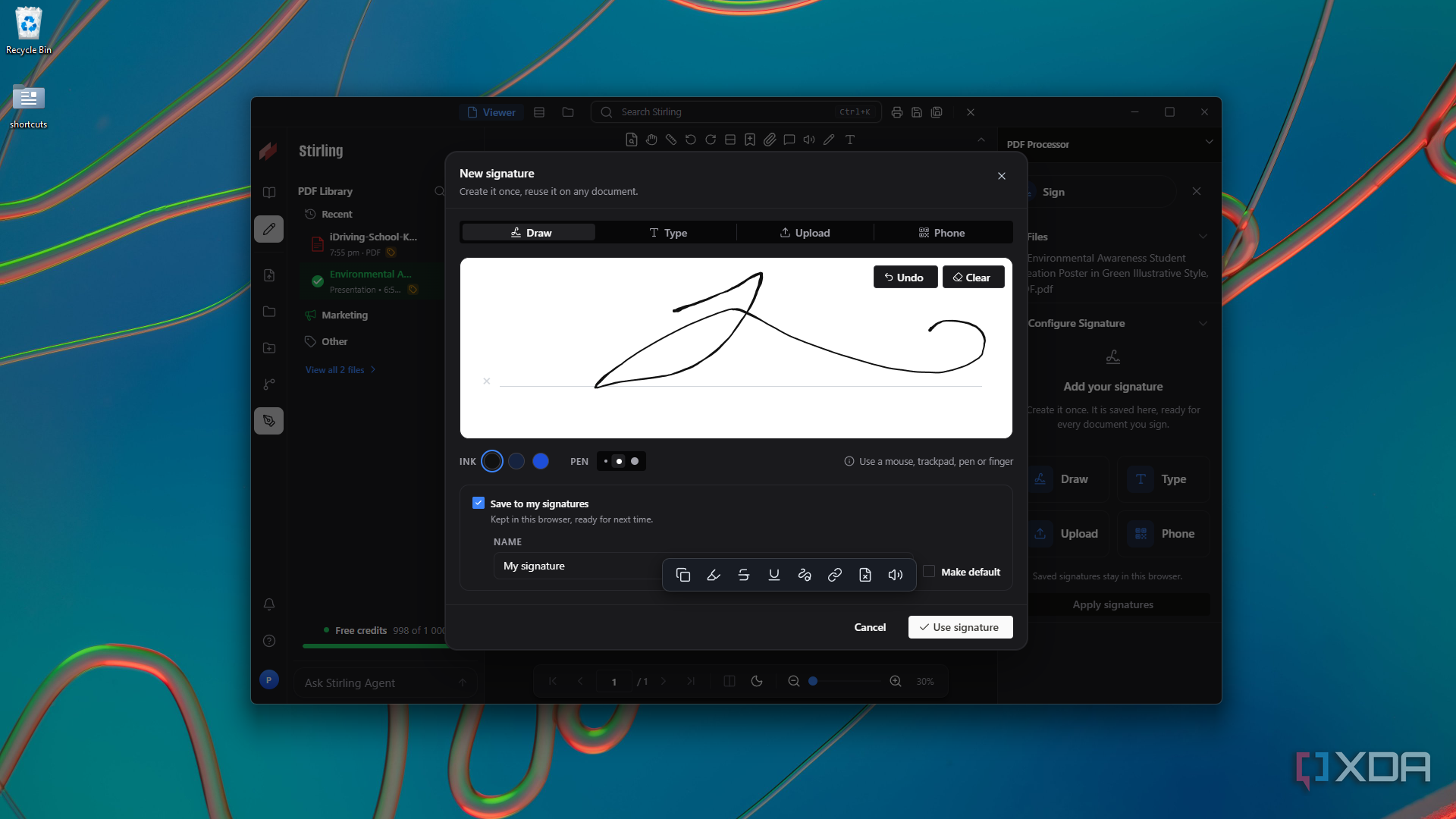 entering drawn signature in Stirling New signature dialog