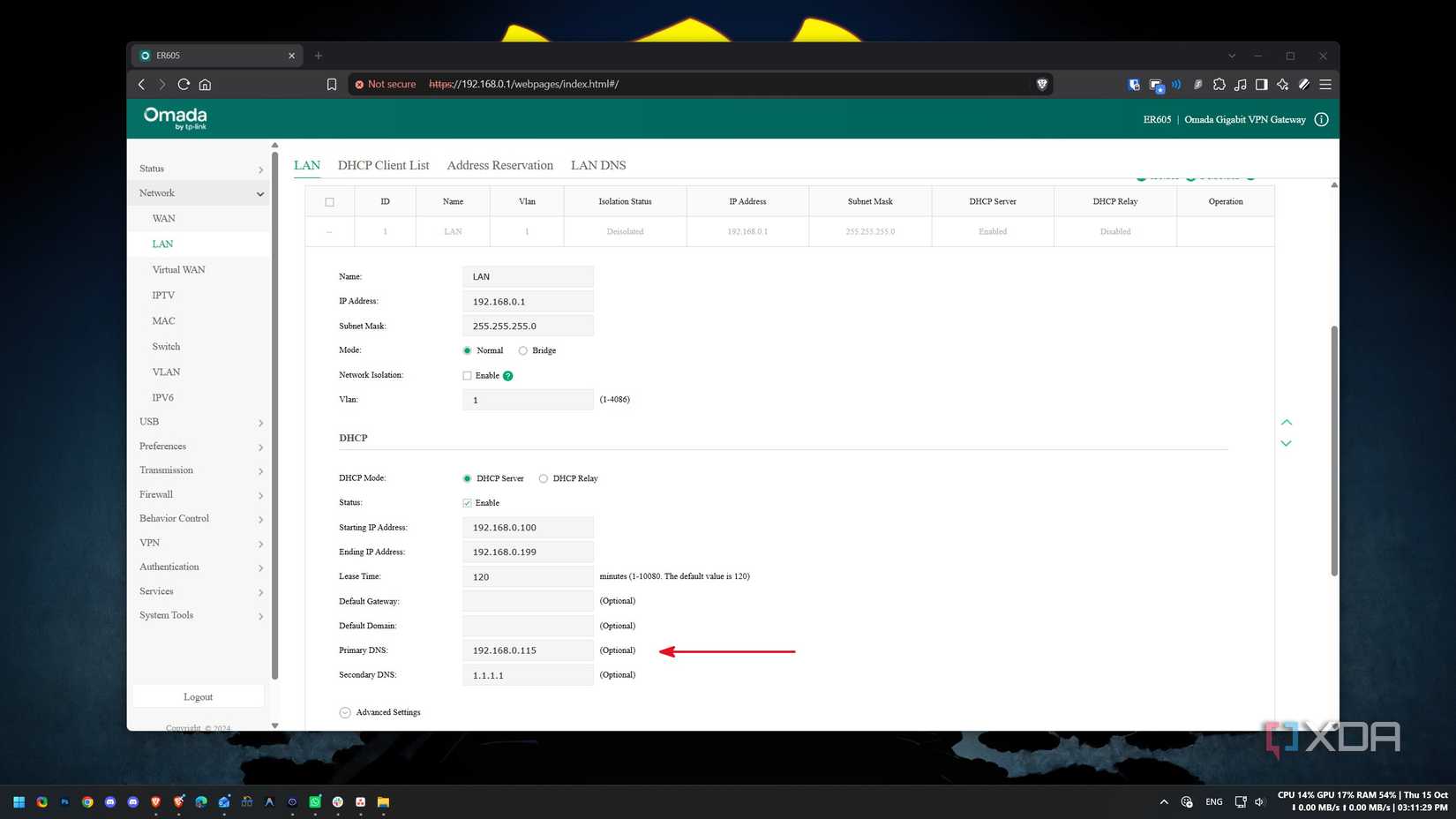 ER605 DHCP settings with the home AdGuard Home server as the primary DNS server and a public resolver as the secondary