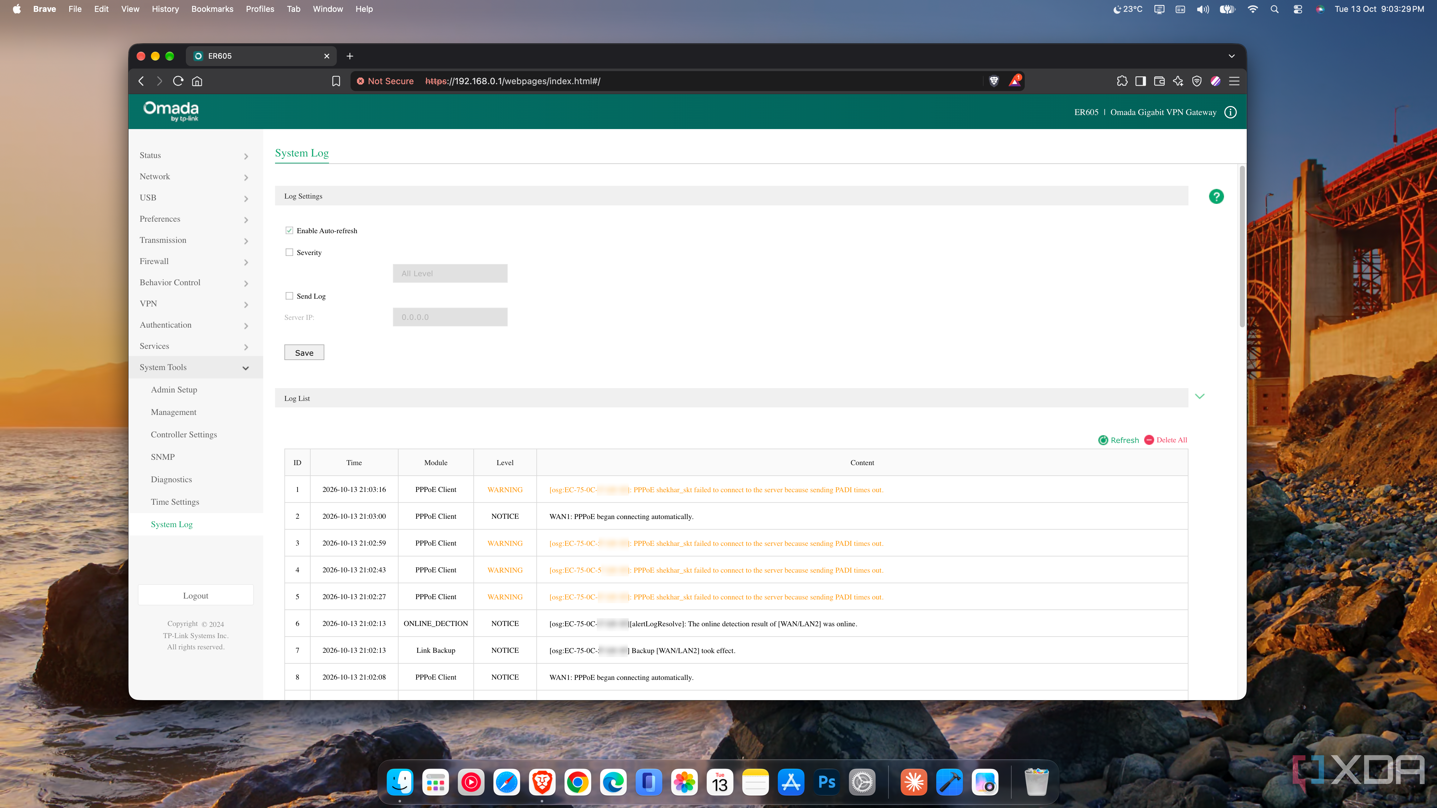 ER605 system log with repeated PPPoE PADI timeout warnings