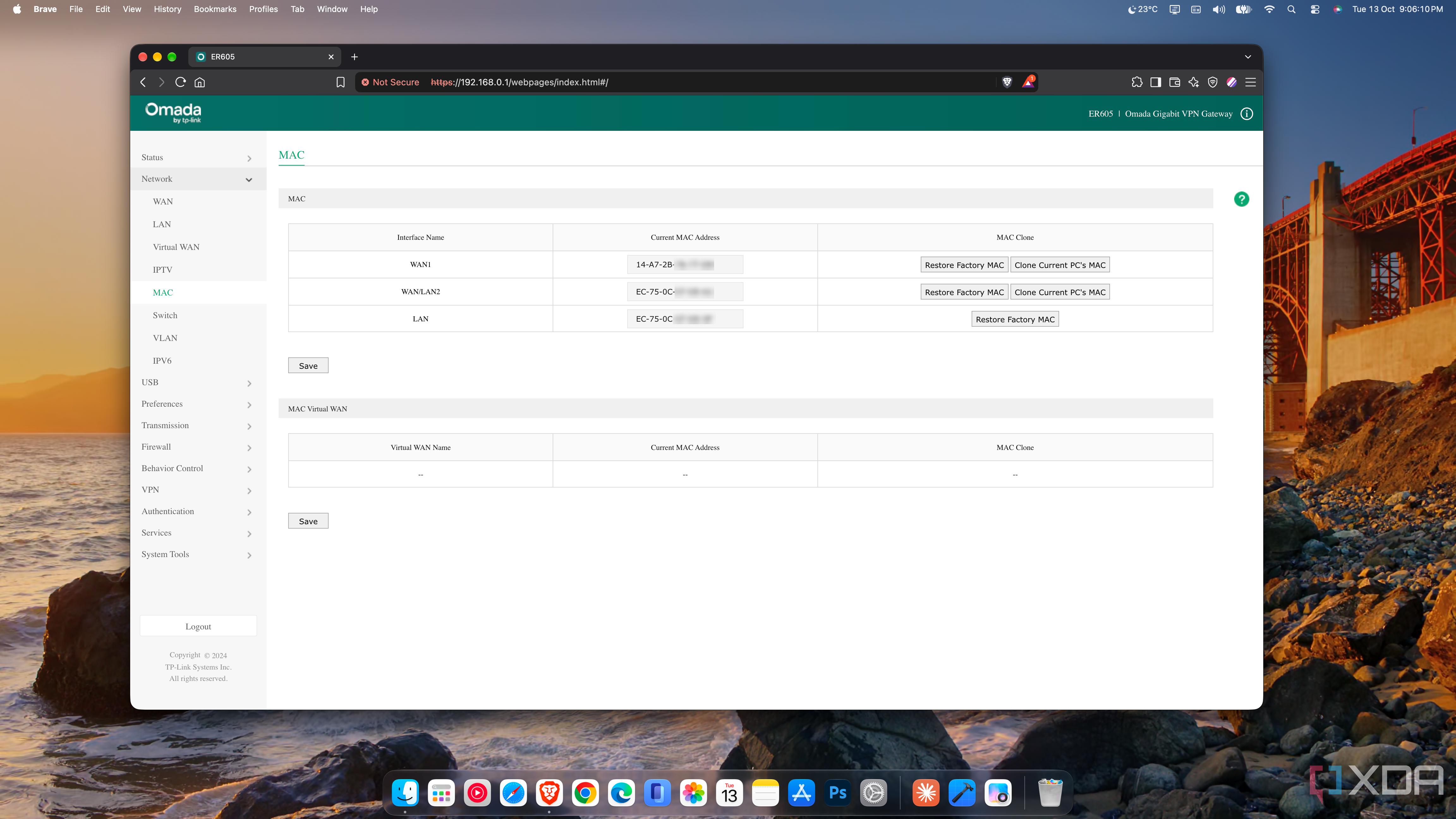 ER605 MAC settings showing a cloned MAC address on WAN1