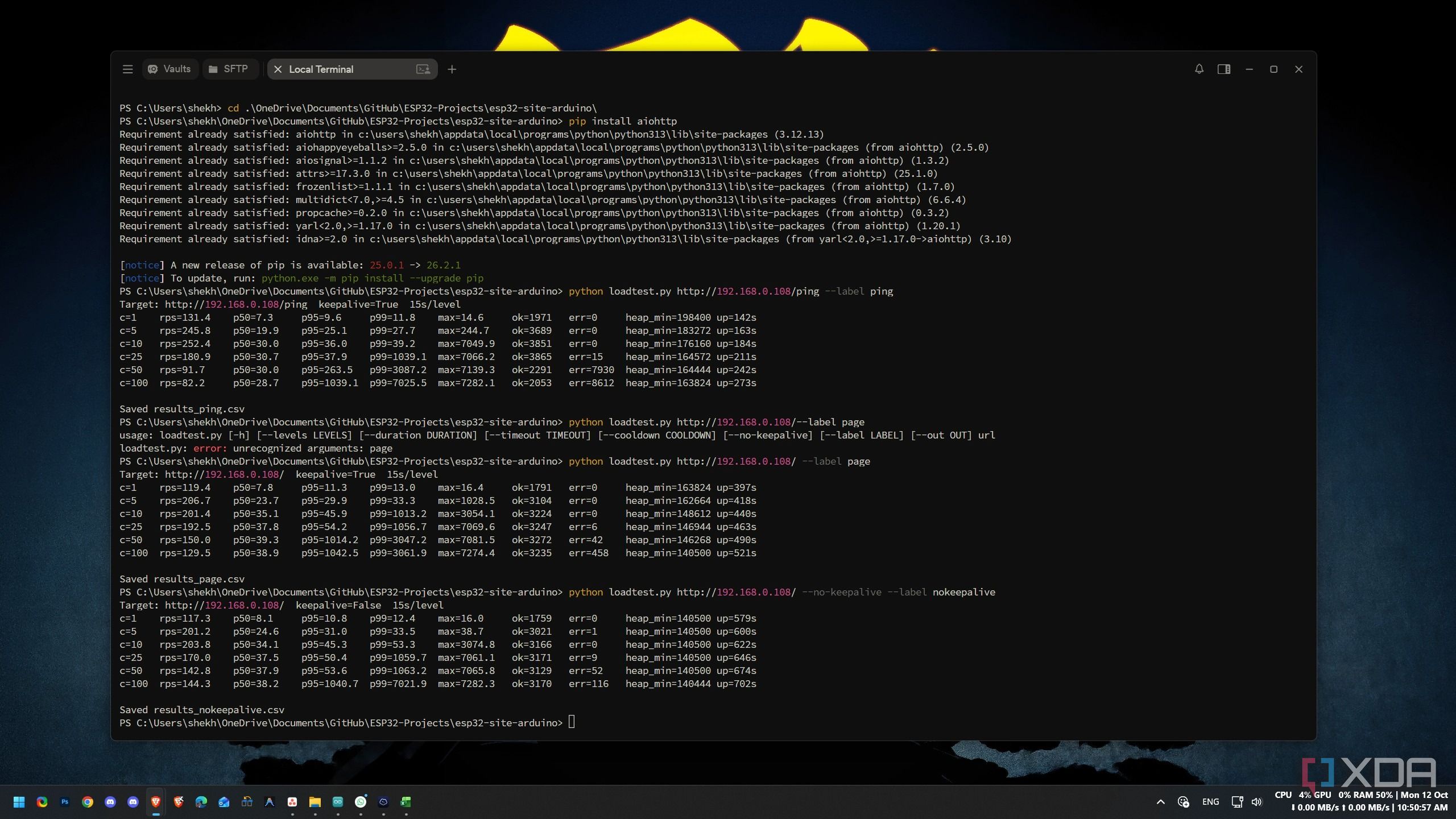 Terminal output of the LAN load test showing request rates and errors from 1 to 100 connections