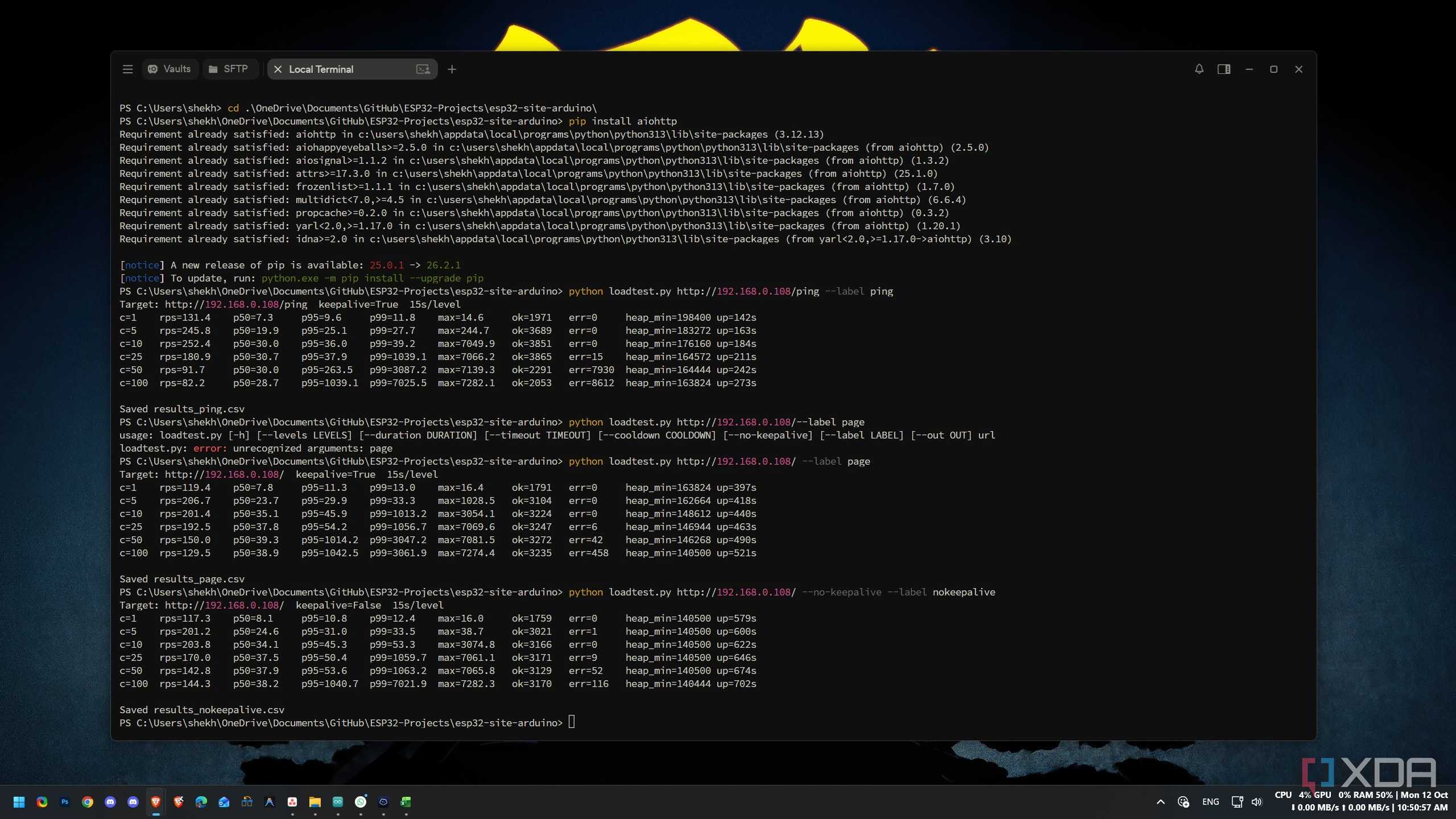 Terminal output of the LAN load test showing request rates and errors from 1 to 100 connections
