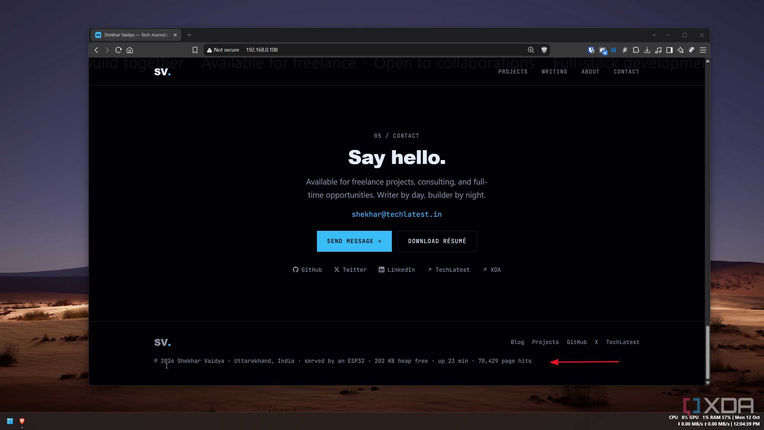 Portfolio footer showing the hit counter at 70,429 after the repeat load tests