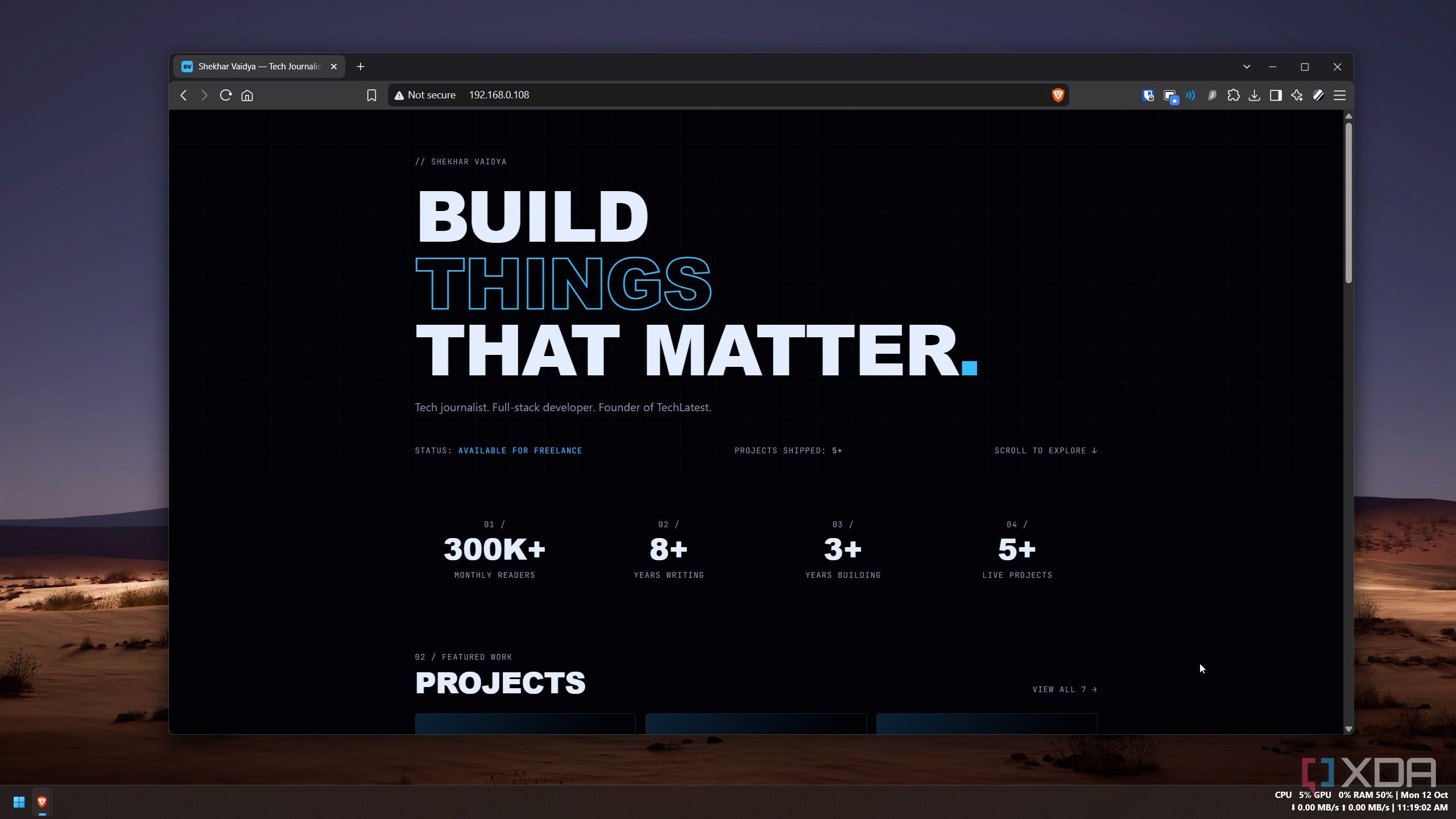 Portfolio home page loading from the ESP32 at its local address, showing the hero headline and stats