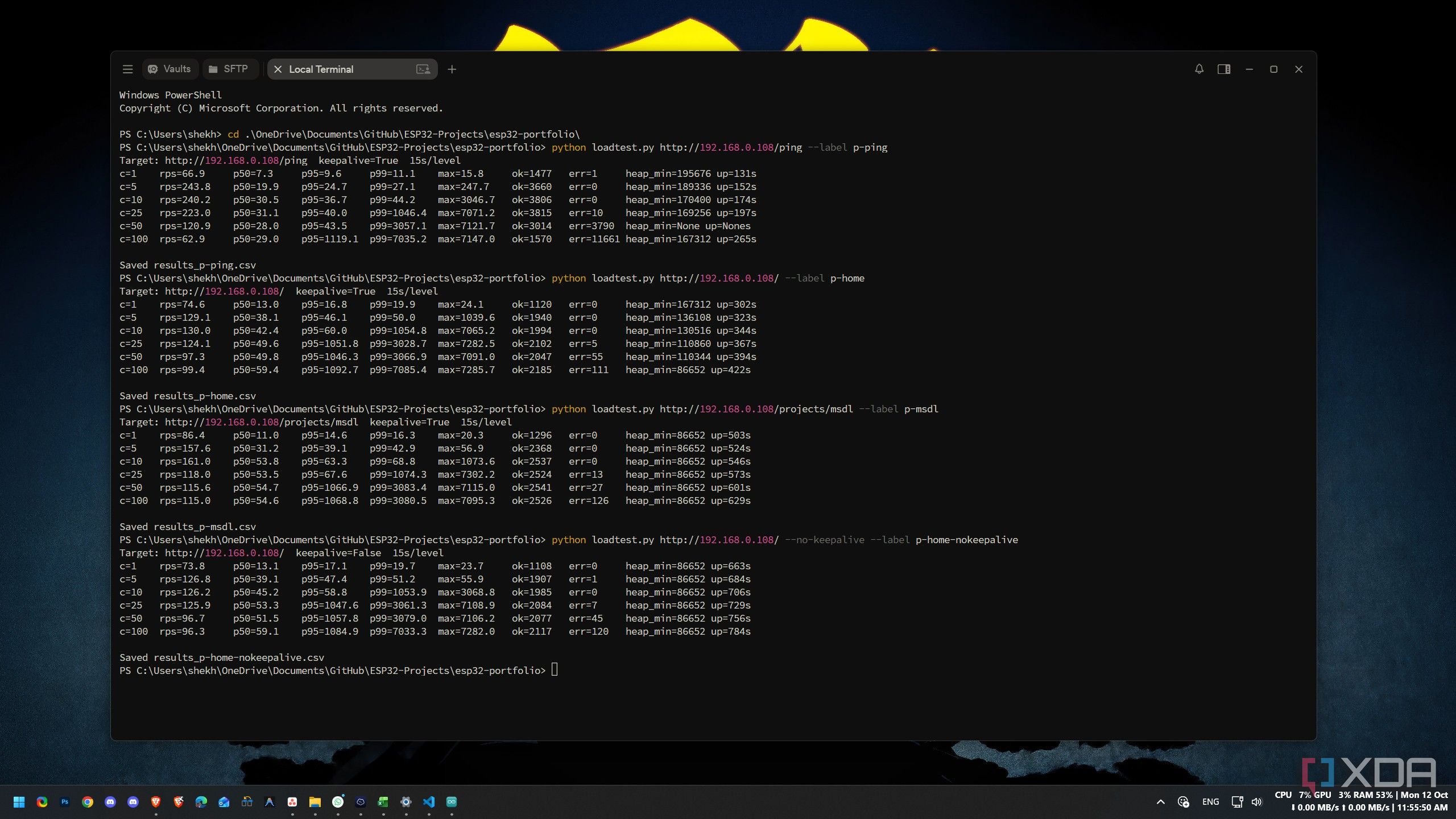 Terminal output of load tests against the portfolio home page and a case study page, with and without keep-alive