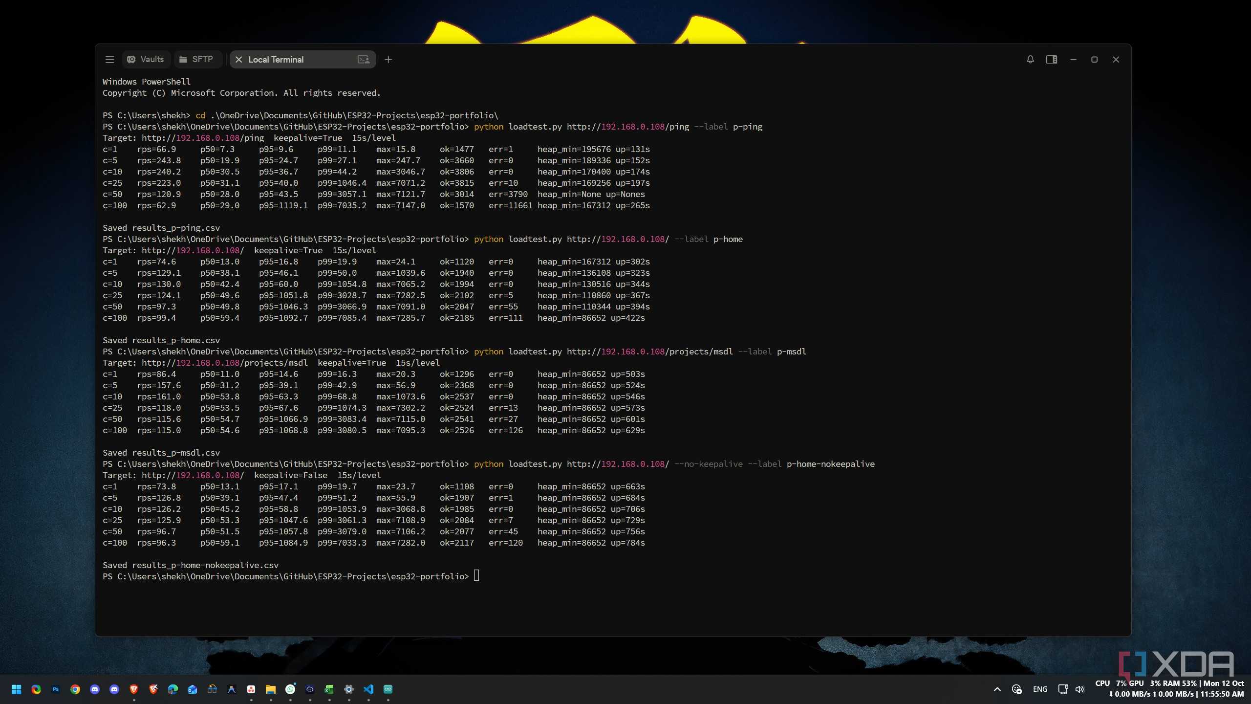 Terminal output of load tests against the portfolio home page and a case study page, with and without keep-alive