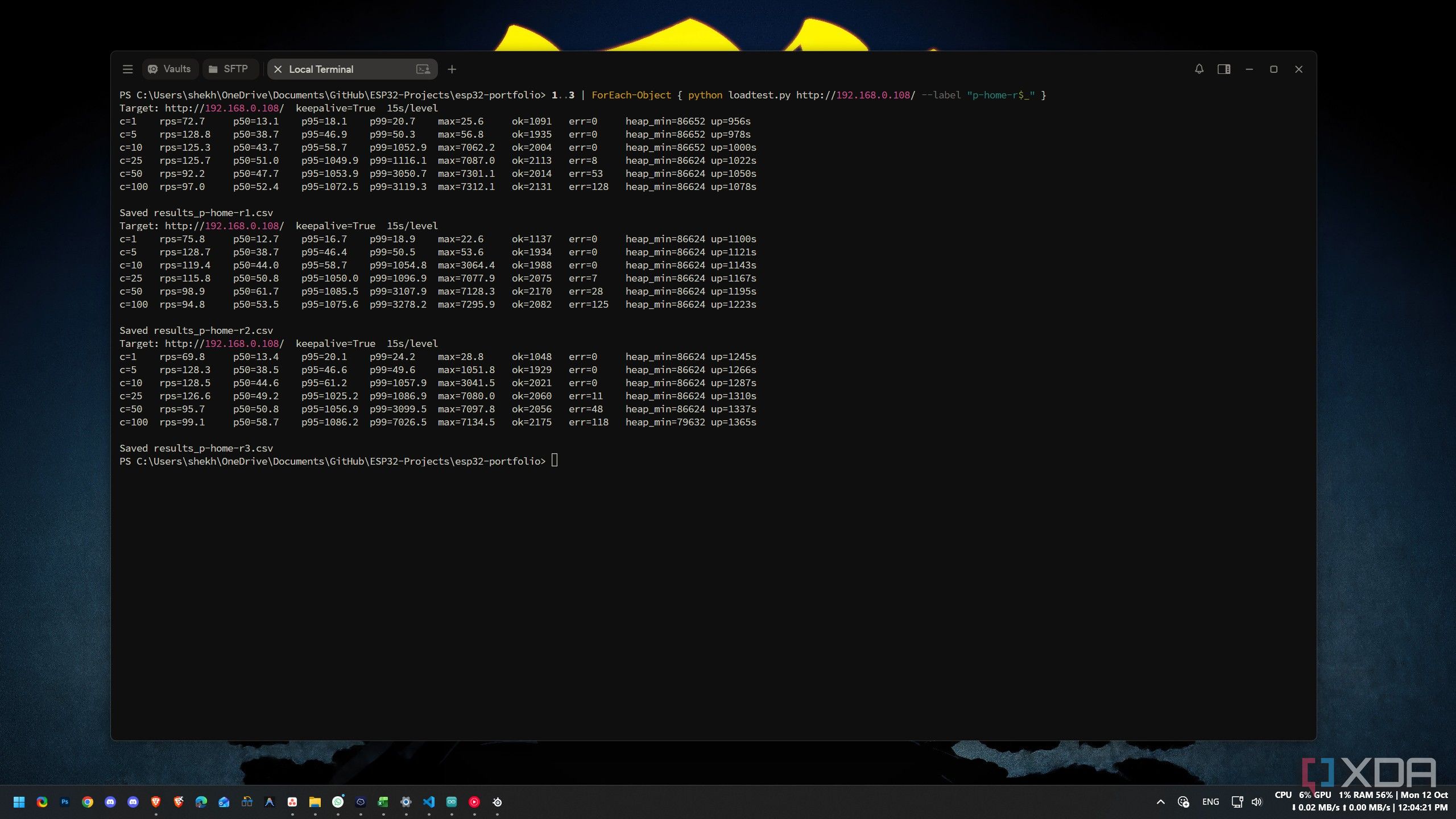 Terminal output of three repeat load test runs against the portfolio home page