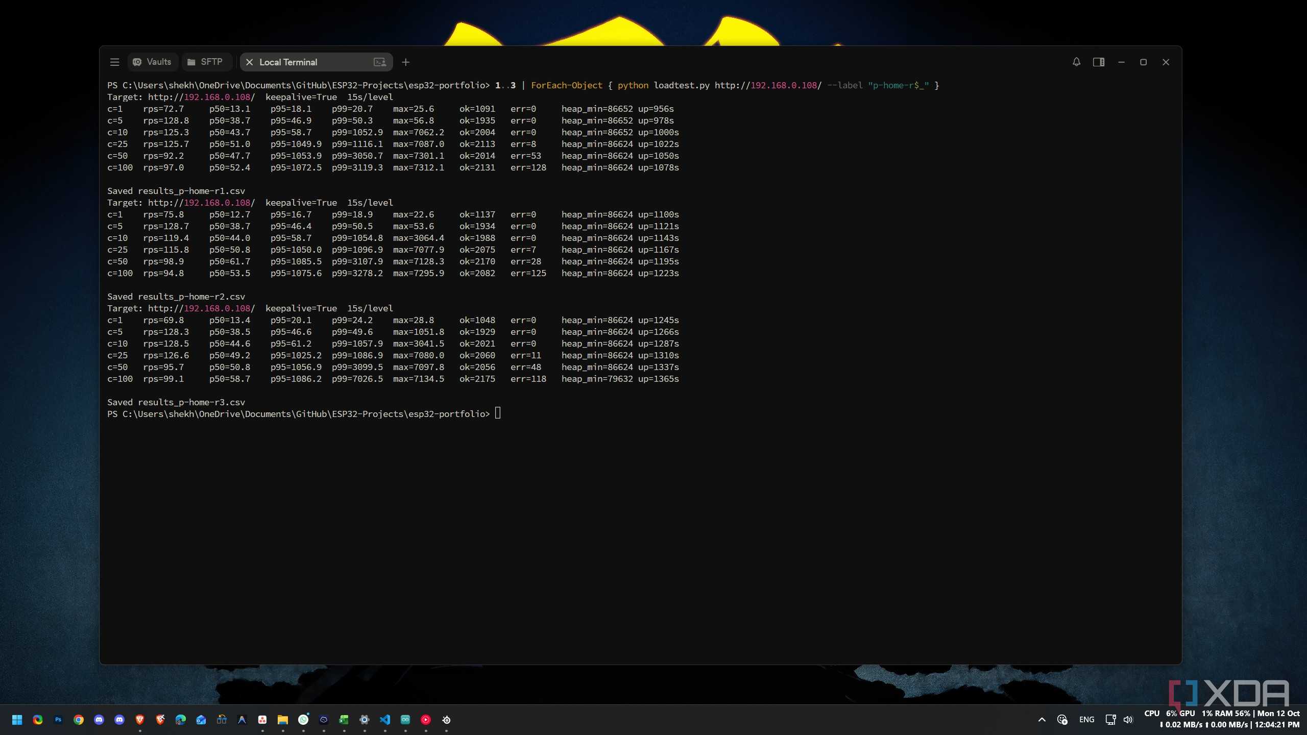Terminal output of three repeat load test runs against the portfolio home page