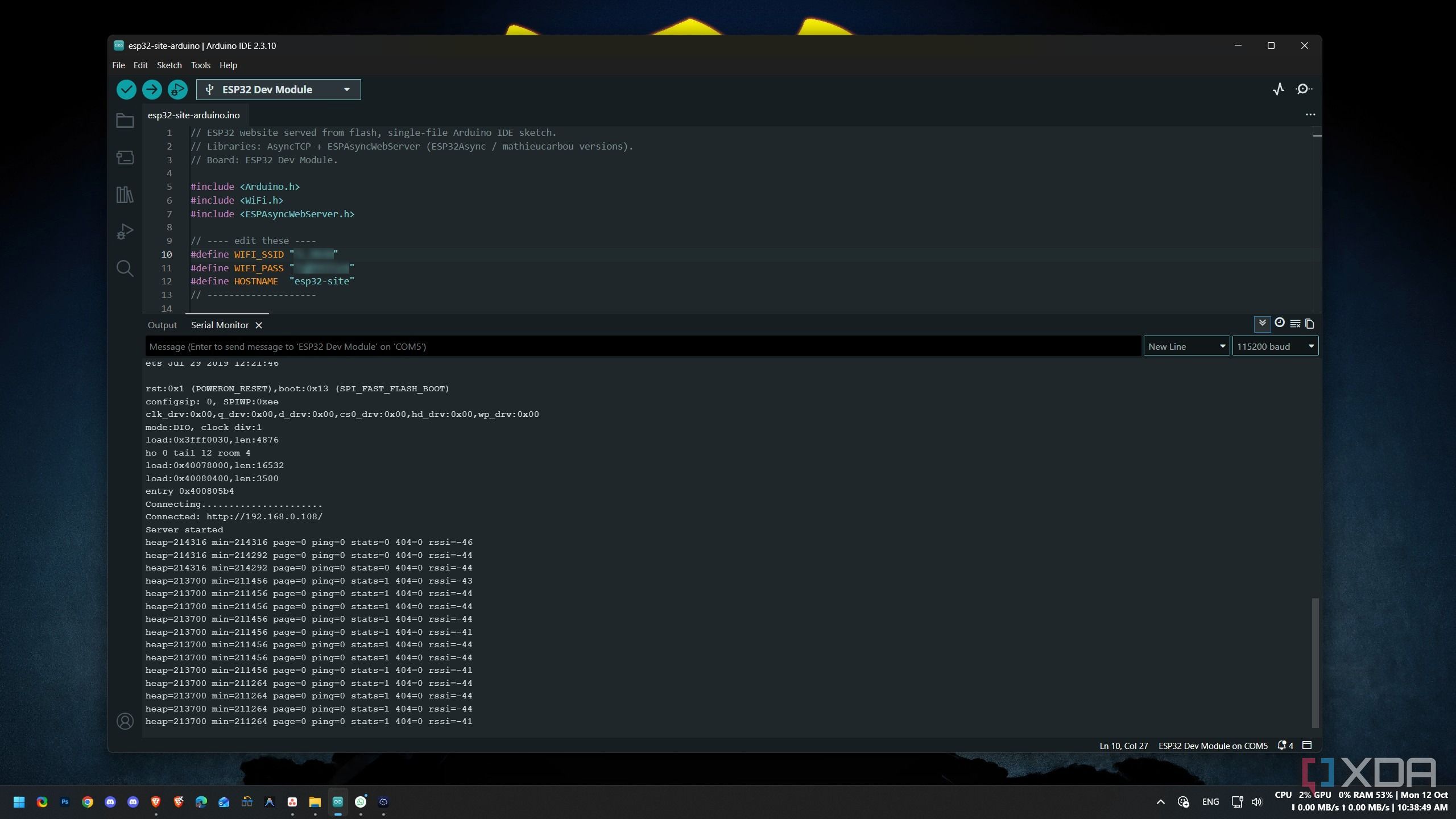 Serial monitor output showing the ESP32 joining Wi-Fi and reporting its local IP address