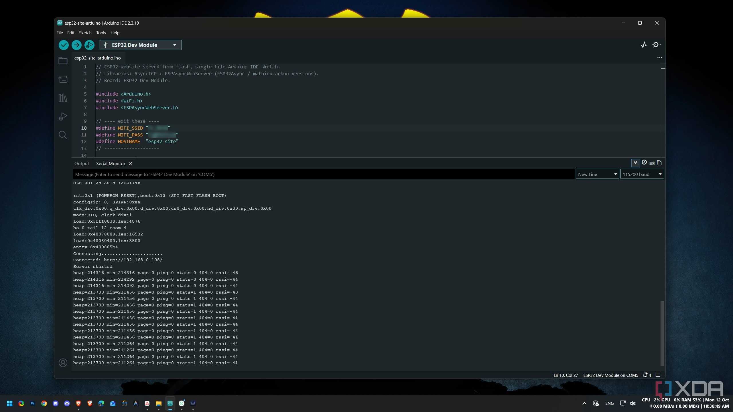 Serial monitor output showing the ESP32 joining Wi-Fi and reporting its local IP address