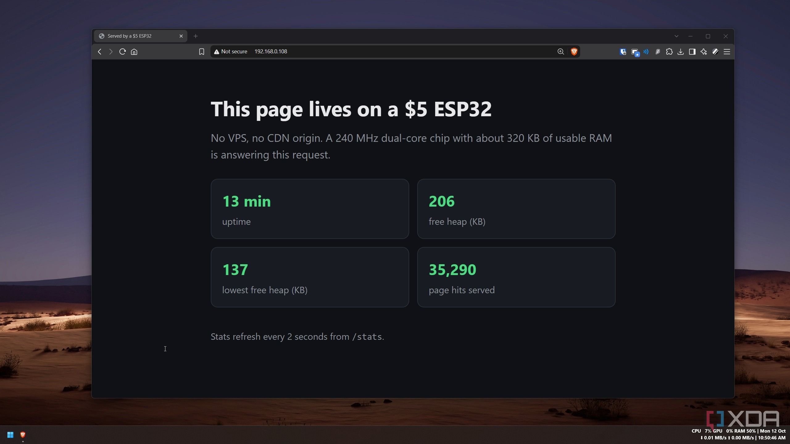 Test page served by the ESP32 showing uptime, free heap, lowest free heap and page hits