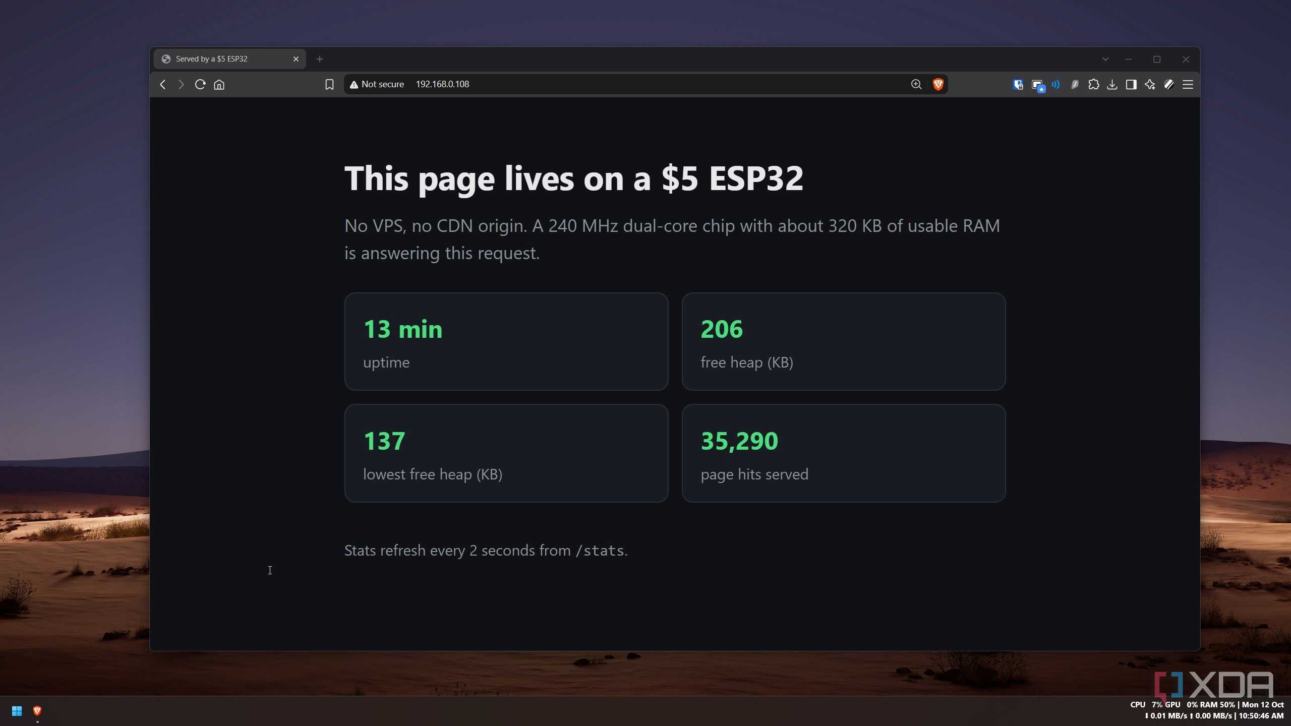 Test page served by the ESP32 showing uptime, free heap, lowest free heap and page hits