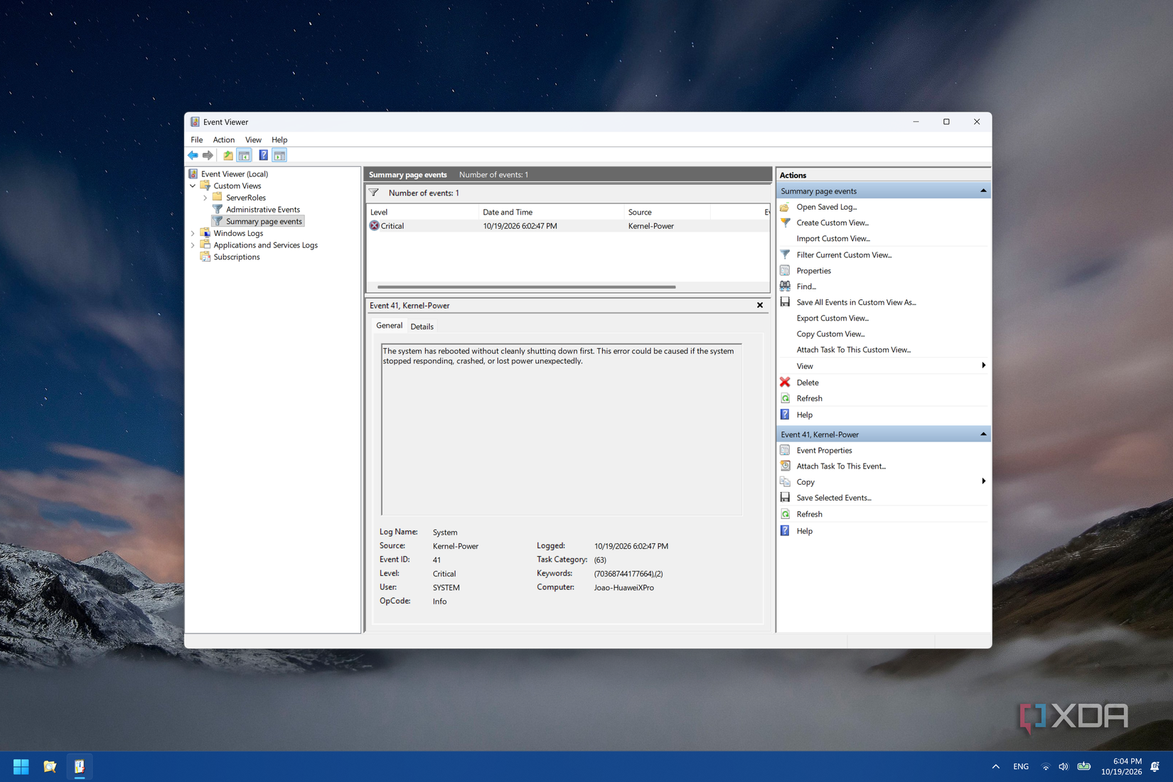 Screenshot of Event Viewer showing a Critical error wioth code 41