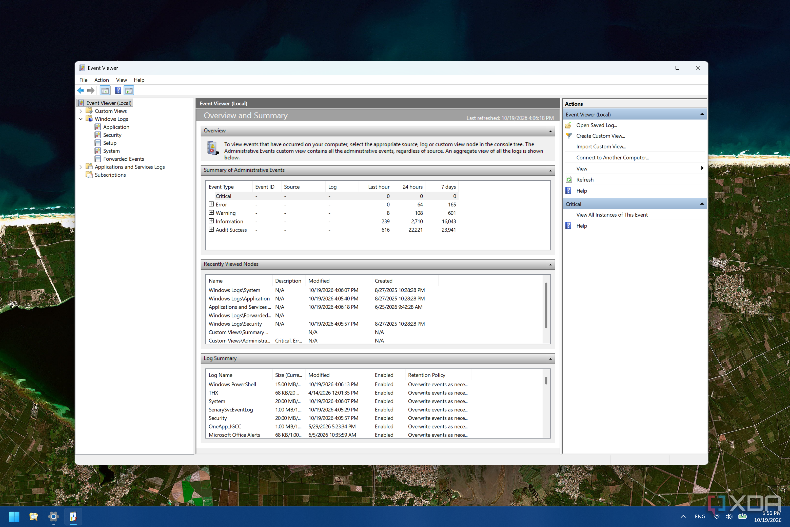 Screenshot of the summary page in Event Viewer showing the number of messages under each category, including Criticak, Error, Warning, and Information
