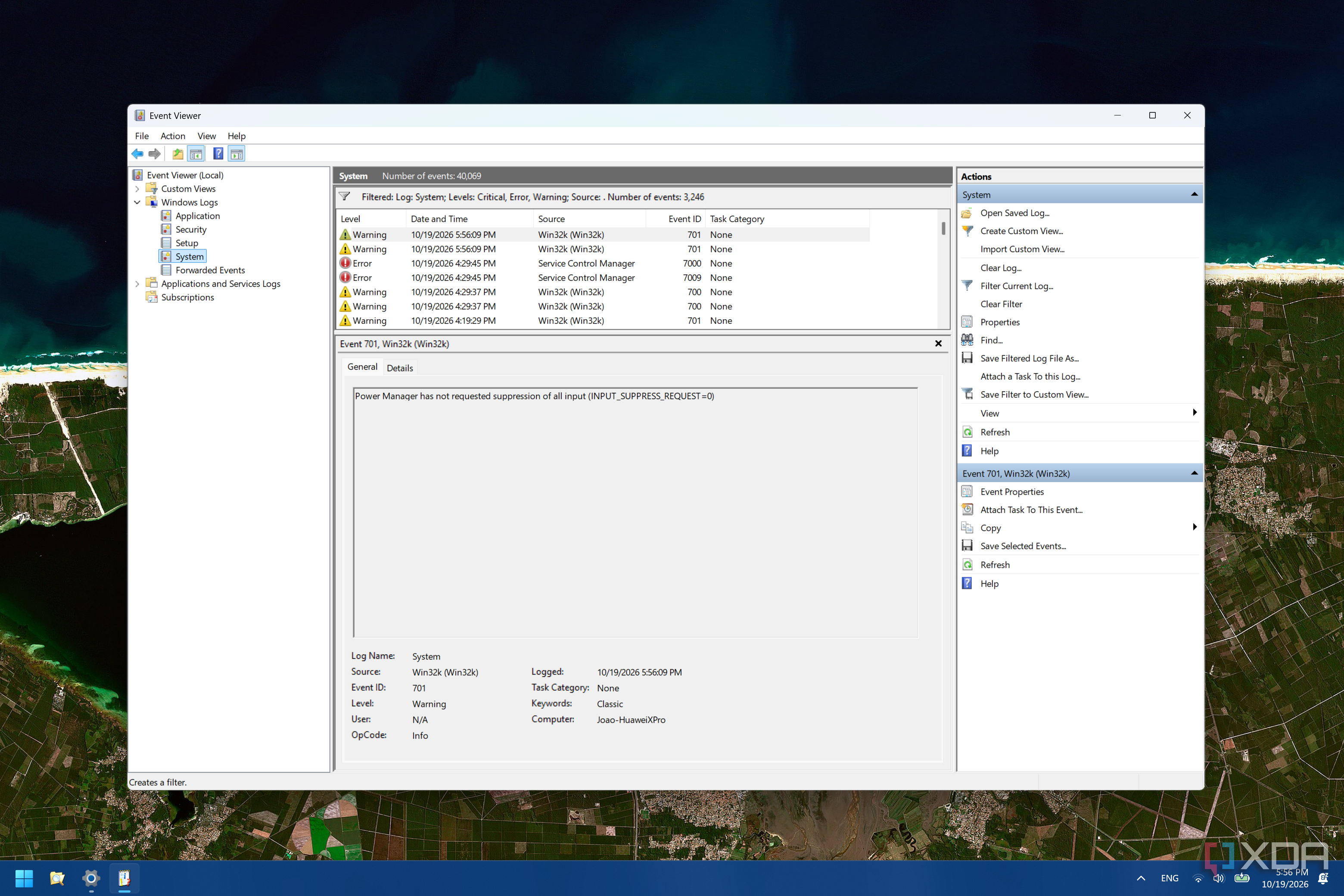 Screenshot of Event Viewer showing a log with a Warning message selected