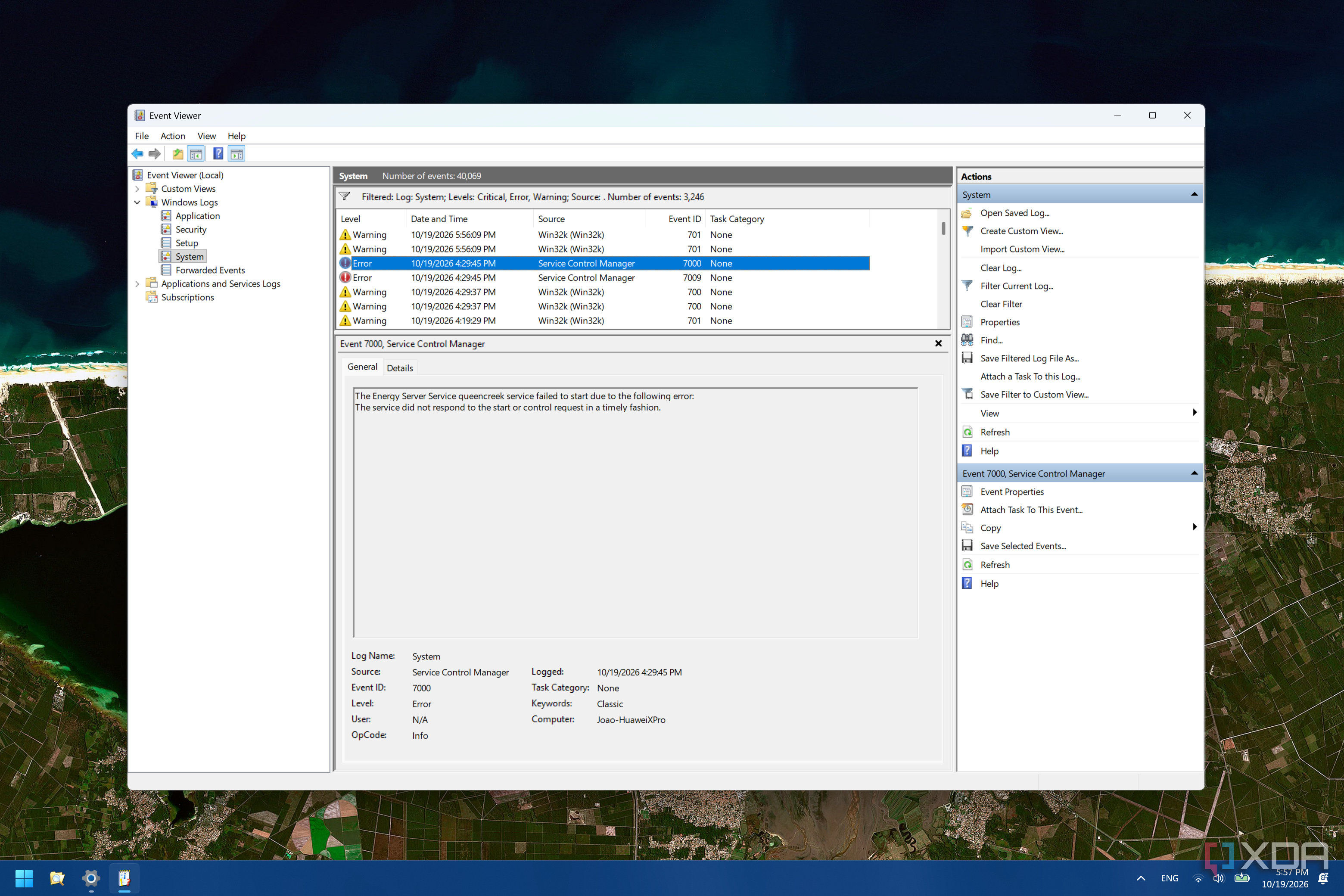 Screenshot of Event Viewer showing the System log with an error message selected