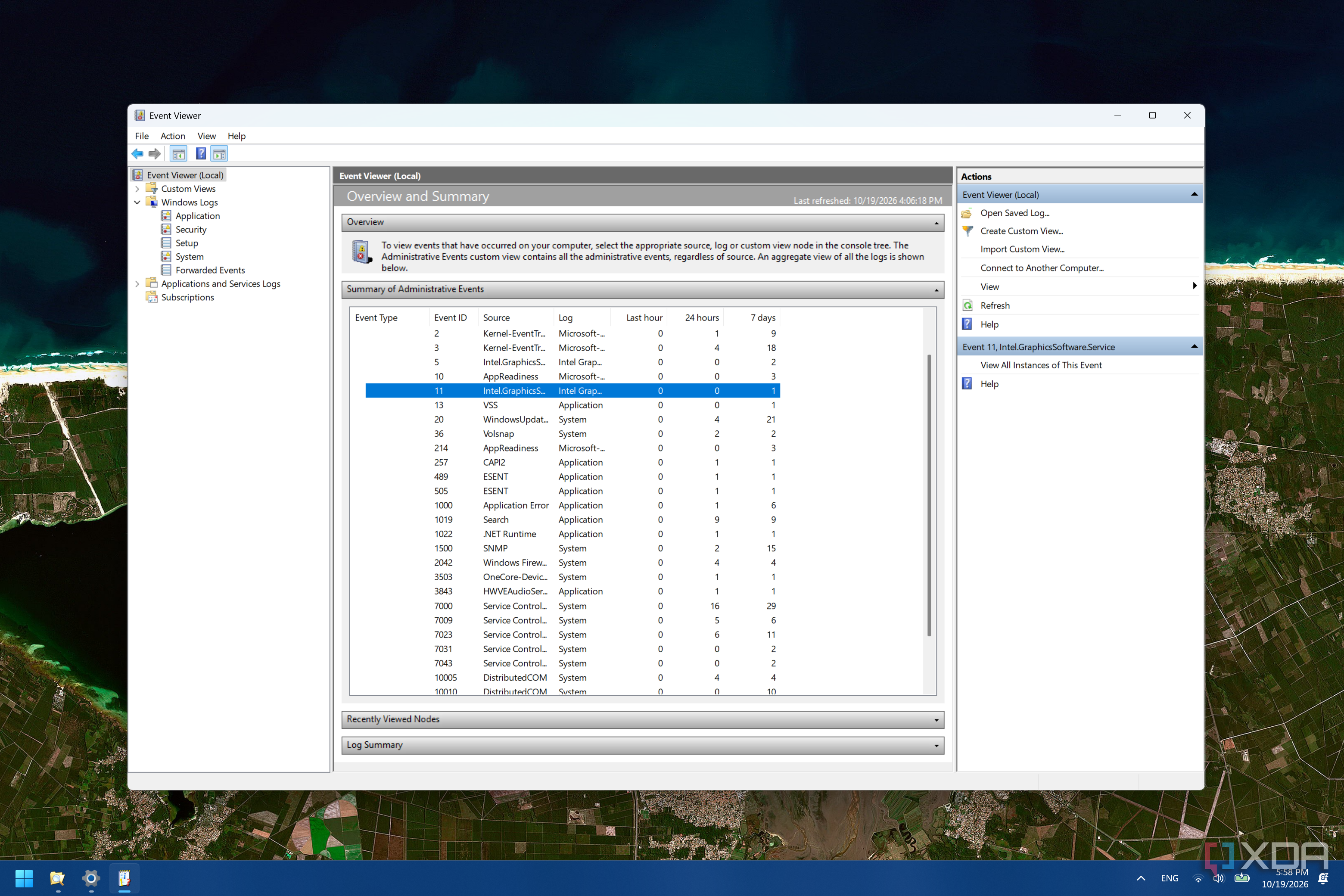 Screenshot of the summary page in Event Viewer showing an expanded view of messages in the Error category